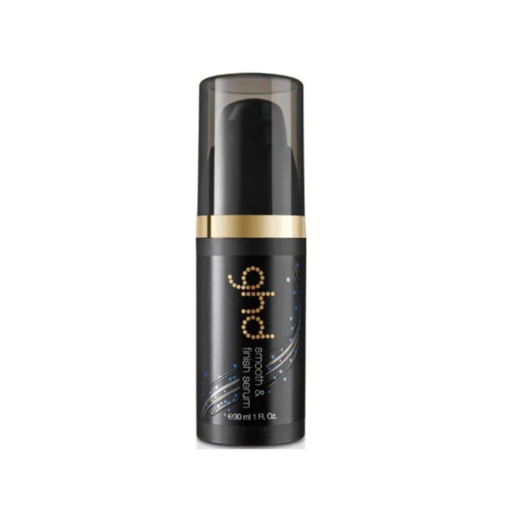 Flacon noir avec détails dorés. Inscription ghd smooth & finish serum. Avec pompe et bouchon. Contenance 30 ml.
