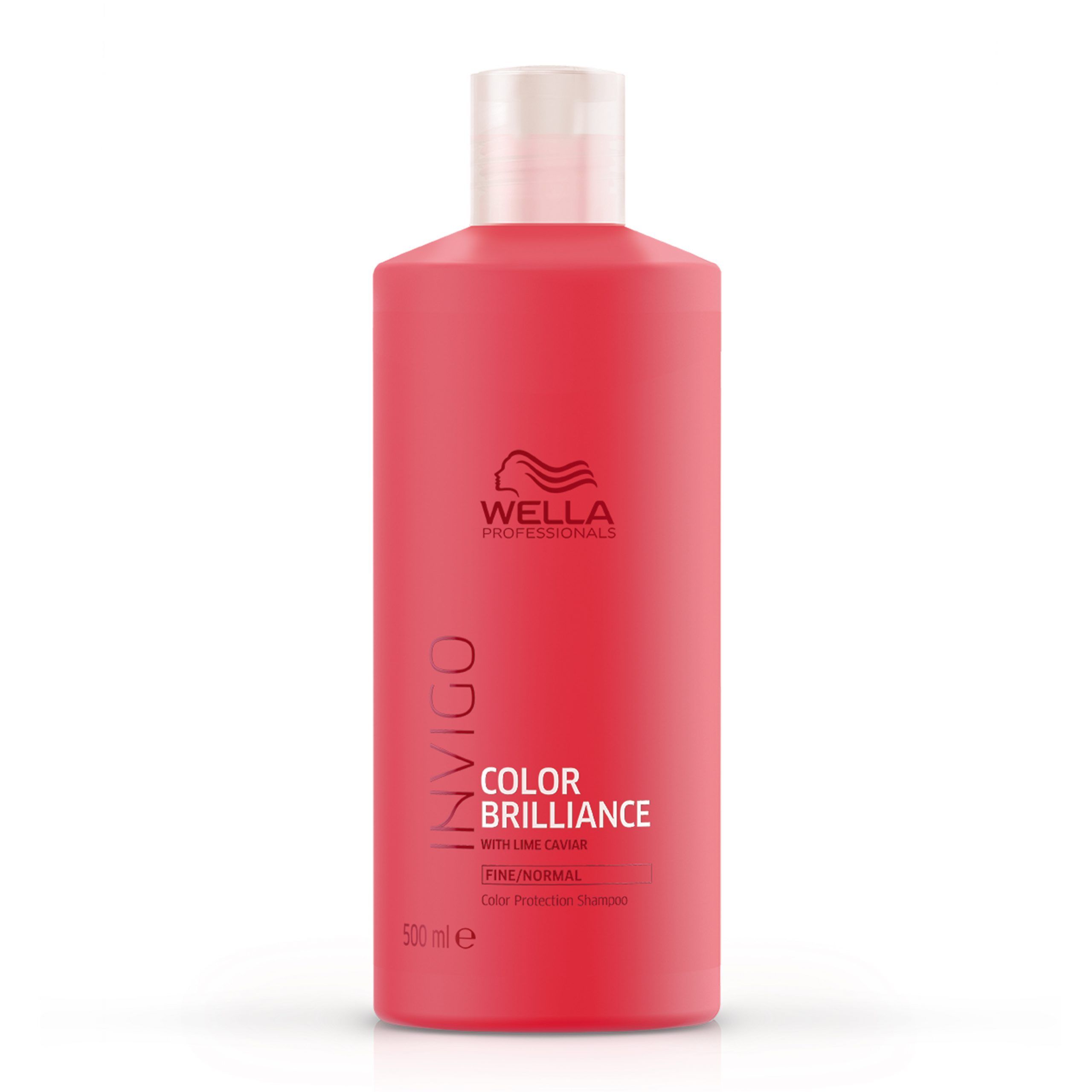 Flacon de shampooing rouge avec bouchon blanc. Inscription : Invigo Color Brilliance. Pour cheveux fins et normaux.