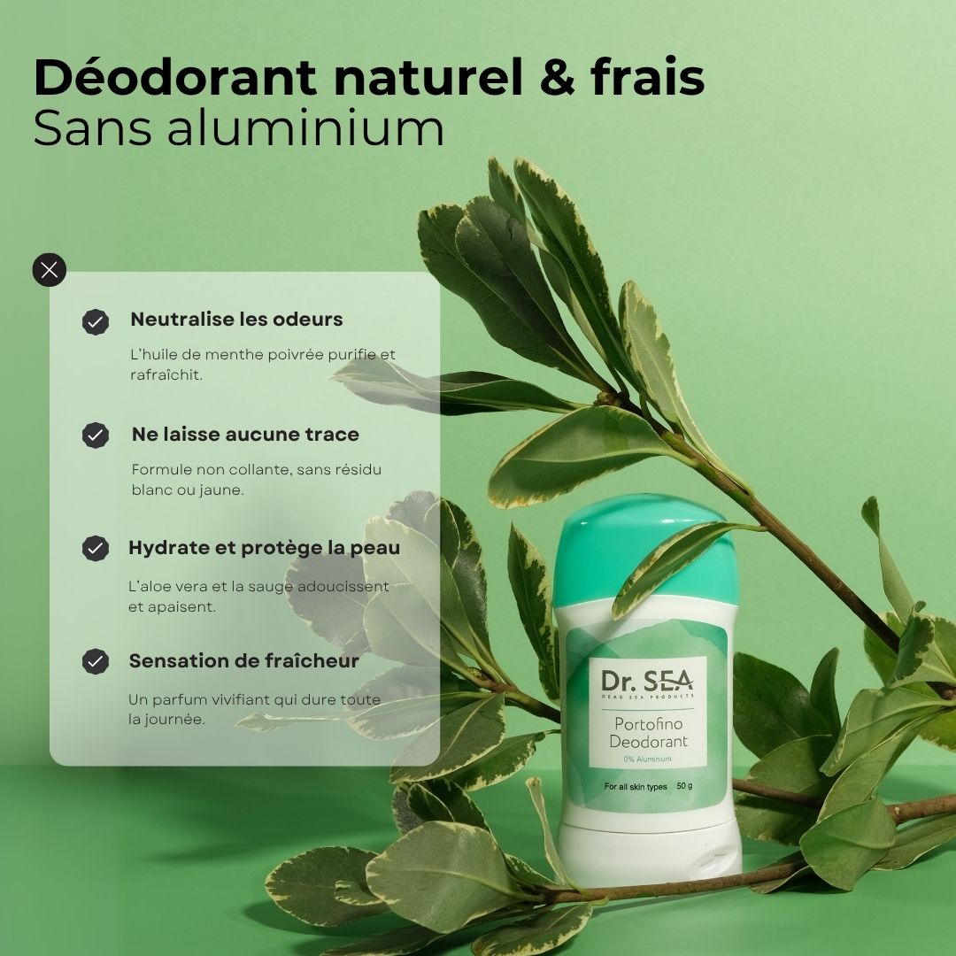 Stick de déodorant avec feuilles. Texte : Déodorant naturel & frais, Sans aluminium. Avantages : neutralise les odeurs, pas de traces.