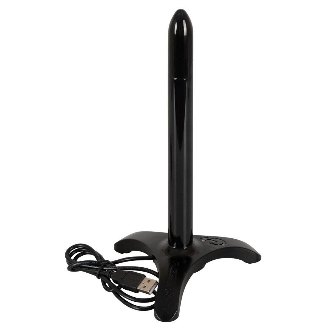 Chauffe-manchon noir avec socle et câble USB. La tige est cylindrique et repose sur un pied à trois branches.