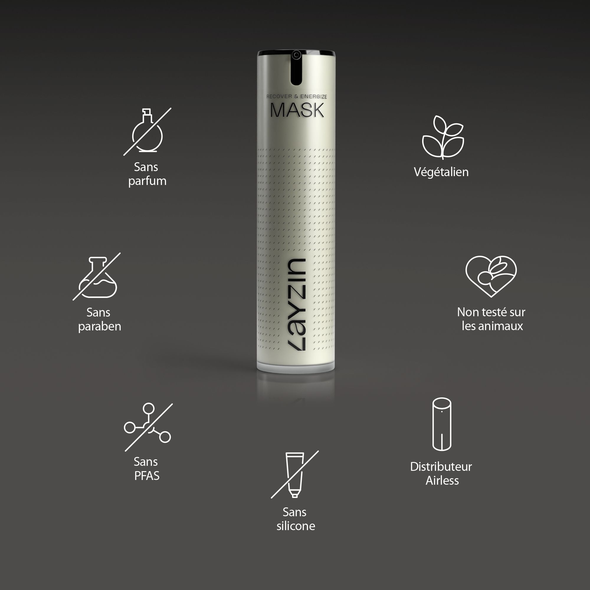 Femme avec LAYZIN Power & Protect Cream. Texte: Réduit les rides, hydratation, pigmentation, élasticité, vieillissement. SPF30.