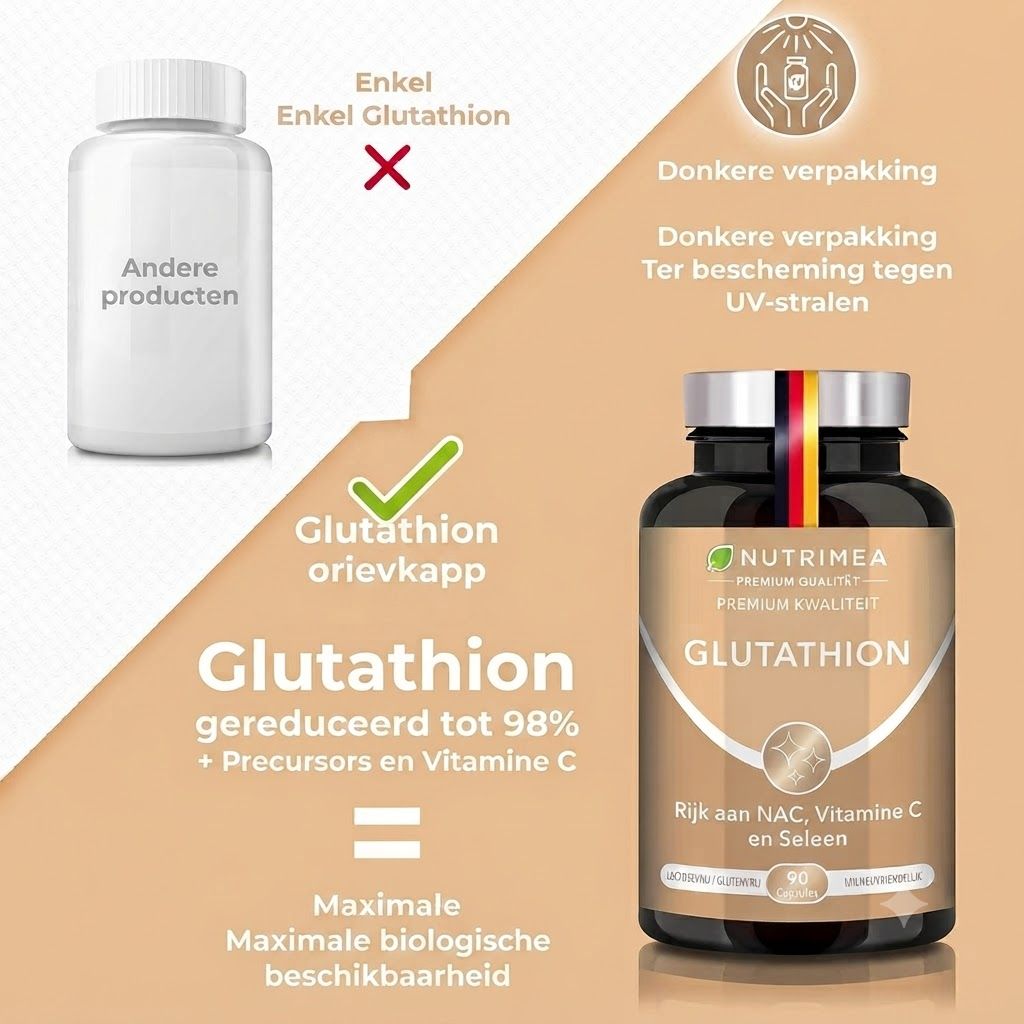 Nutrimea L-Glutathion: Natuurlijke ingrediënten, ISO-gecertificeerd, recyclebare verpakking.