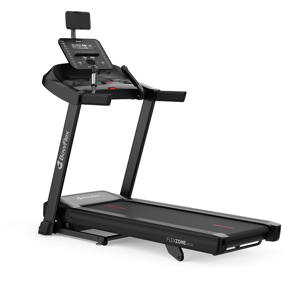 Zwarte loopband met console en display. Flex Zone-logo zichtbaar. BowFlex-logo op het frame.