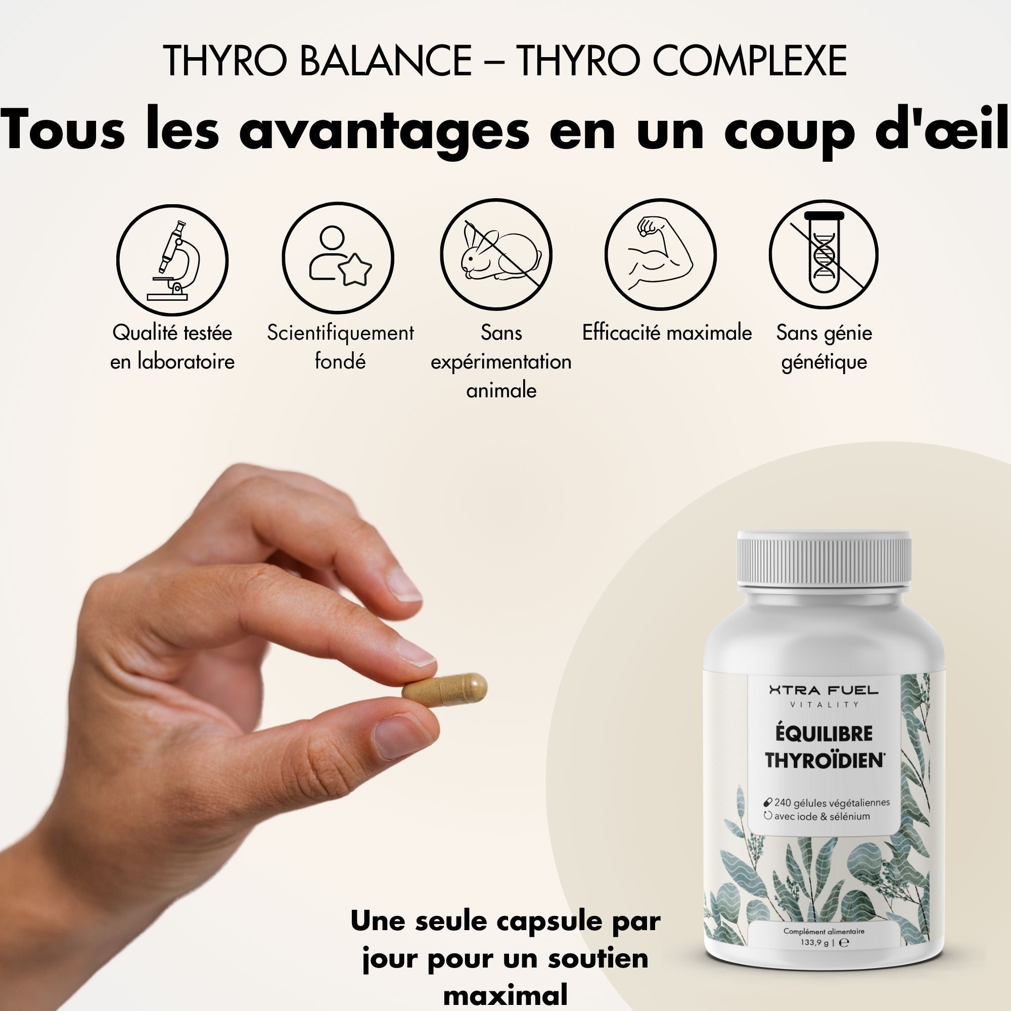 Main tenant une capsule. Texte : Thyro Balance - Complexe thyroïdien. Avantages : testé en laboratoire, scientifiquement prouvé.