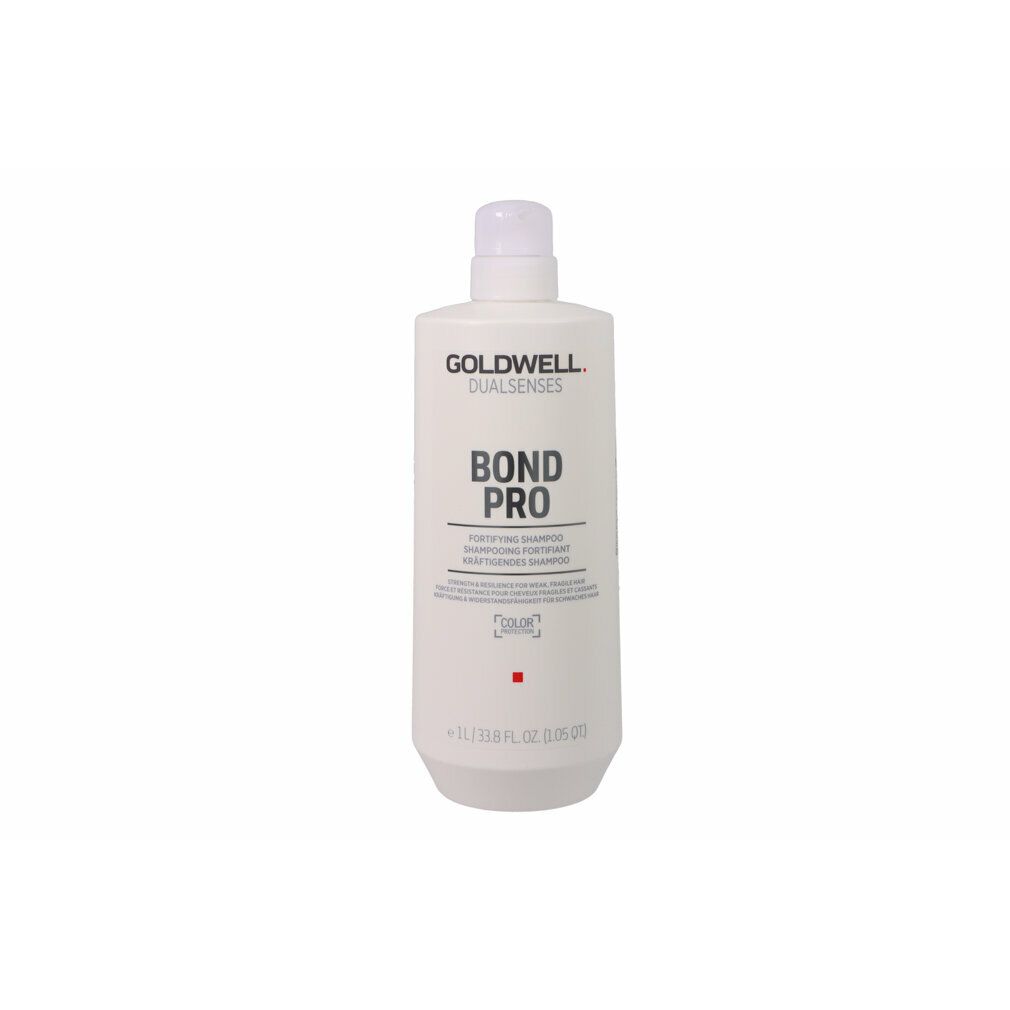 Witte fles met schroefdop. Opschrift: GOLDWELL DUALSENSES BOND PRO. 1L. Kleurmarkering.
