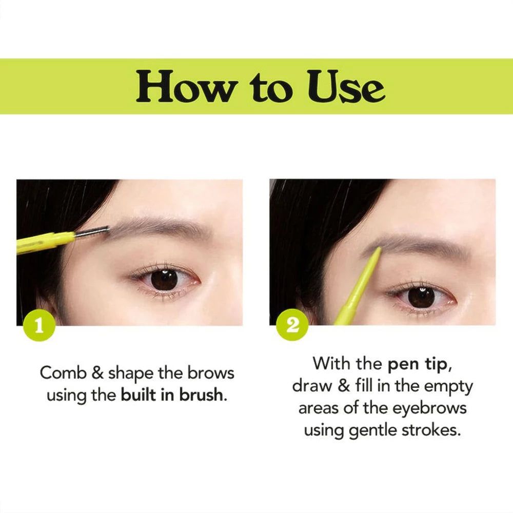 Instructions d'utilisation du crayon à sourcils. Étape 1 : Brosser. Étape 2 : Remplir les sourcils avec la pointe.
