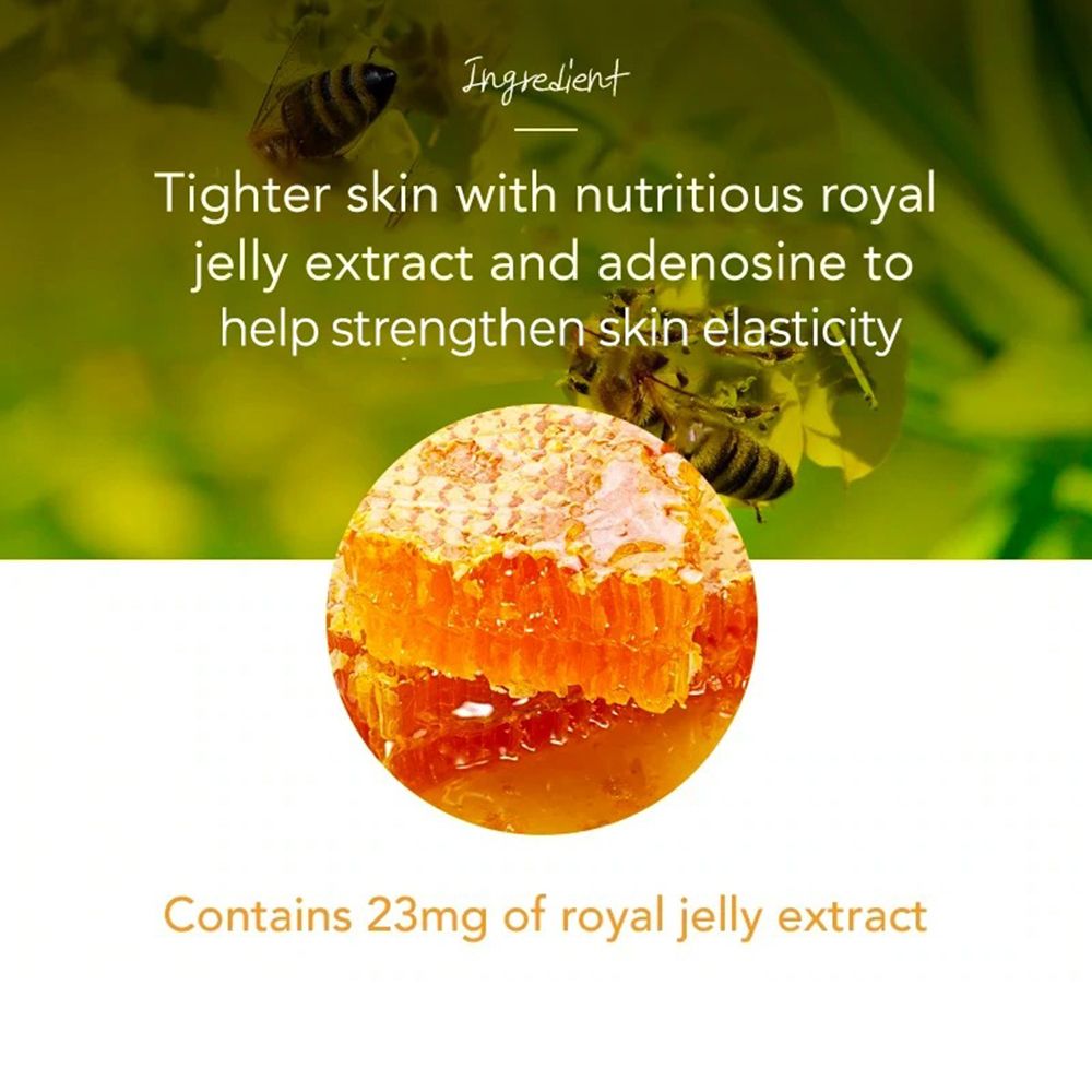 Gros plan sur des rayons de miel avec des abeilles. Texte: 'Tighten skin with nutritious royal jelly extract'. Contient 23mg d'extrait de gelée royale.