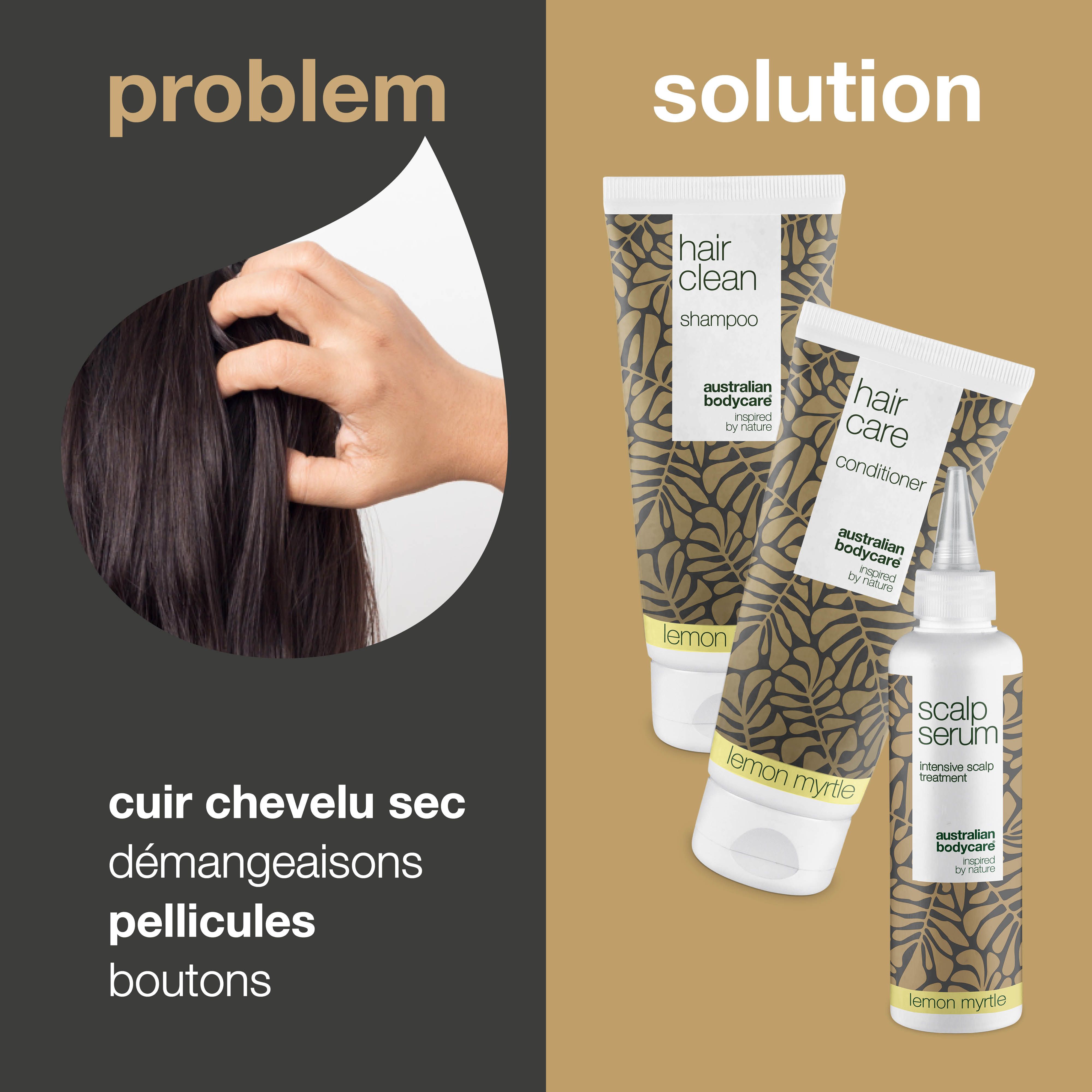 Problème et solution. Problème : cuir chevelu sec, démangeaisons, pellicules, boutons. Solution : shampooing, après-shampooing et sérum.