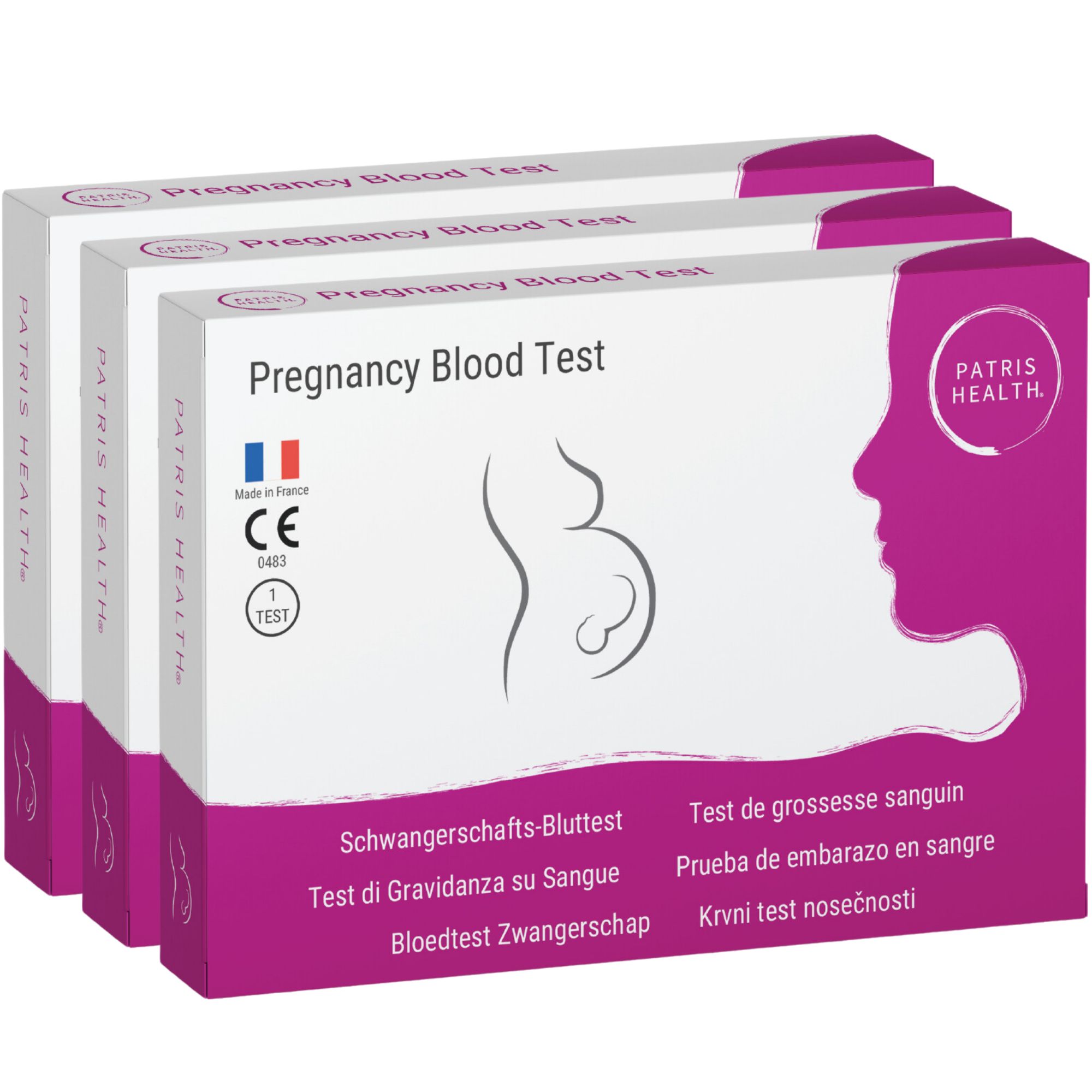 Drie verpakkingen zwangerschap bloedtest. Verpakking met productnaam, CE-markering en Franse vlag.