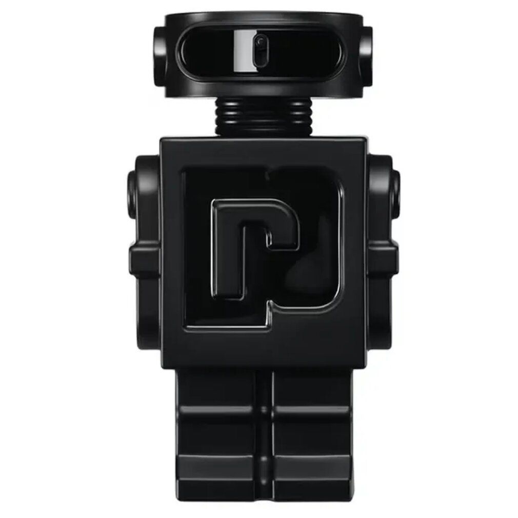 Flacon noir en forme de robot. Le logo "P" est visible sur la poitrine. Le flacon a un bouchon noir.