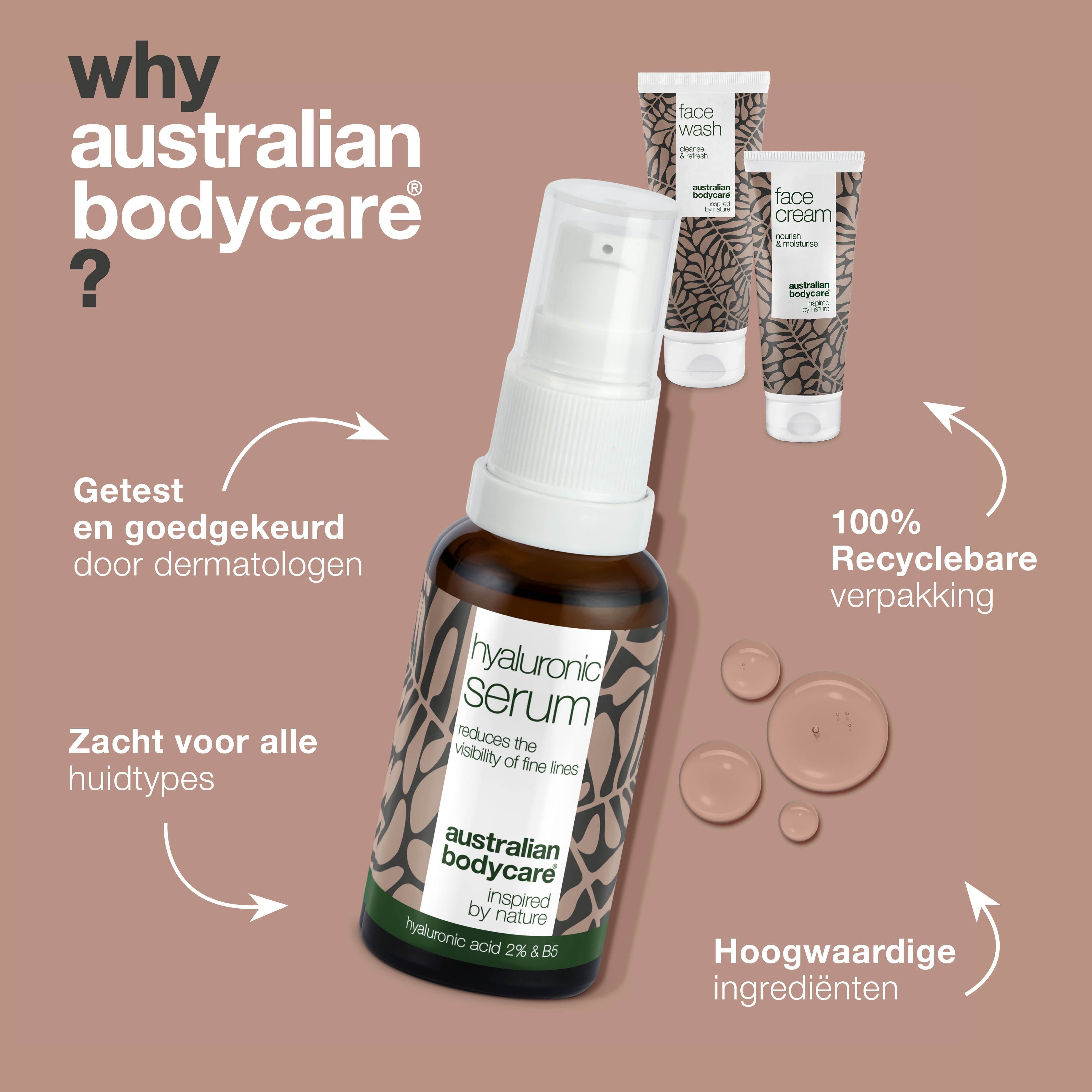 Hyaluronzuurserum, gezichtscrème en gezichtswas. Tekst: Getest, 100% recyclebare verpakking.