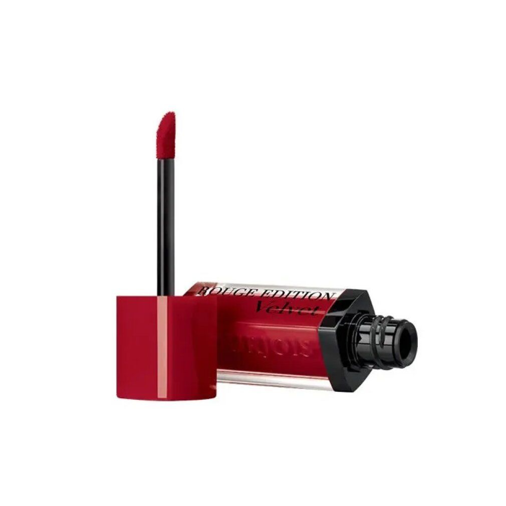 Rode lipstick met open applicator. Fles ligt. Zwarte applicator. Rode dop.