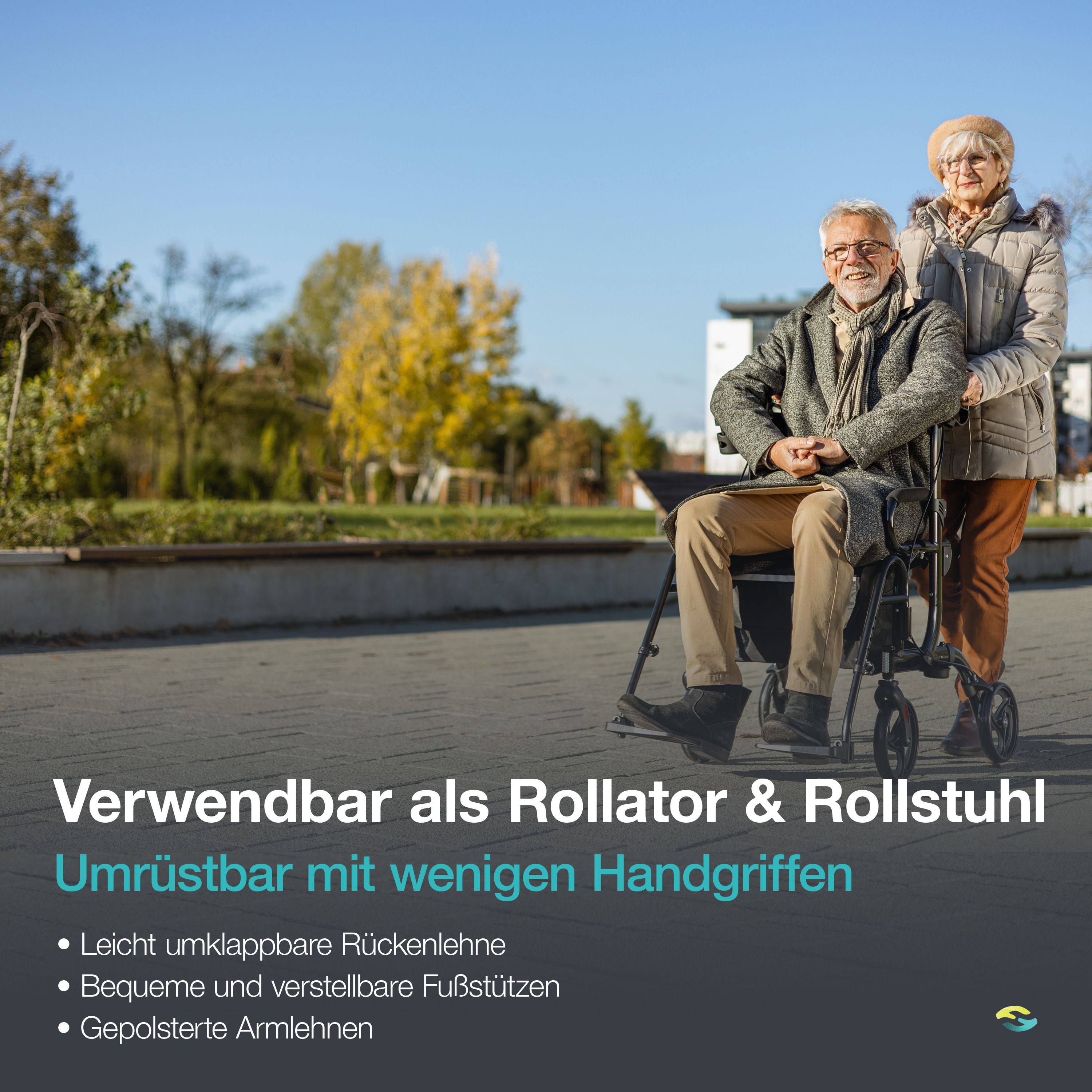 Ouder echtpaar buiten, man zit in rollator, vrouw staat ernaast. Tekst: Bruikbaar als rollator & rolstoel.