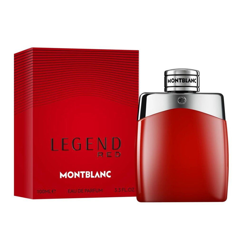 Rode fles en verpakking. Fles met zilveren dop. Opschrift: LEGEND RED, MONTBLANC. 100ml, 3.3 FL.OZ.