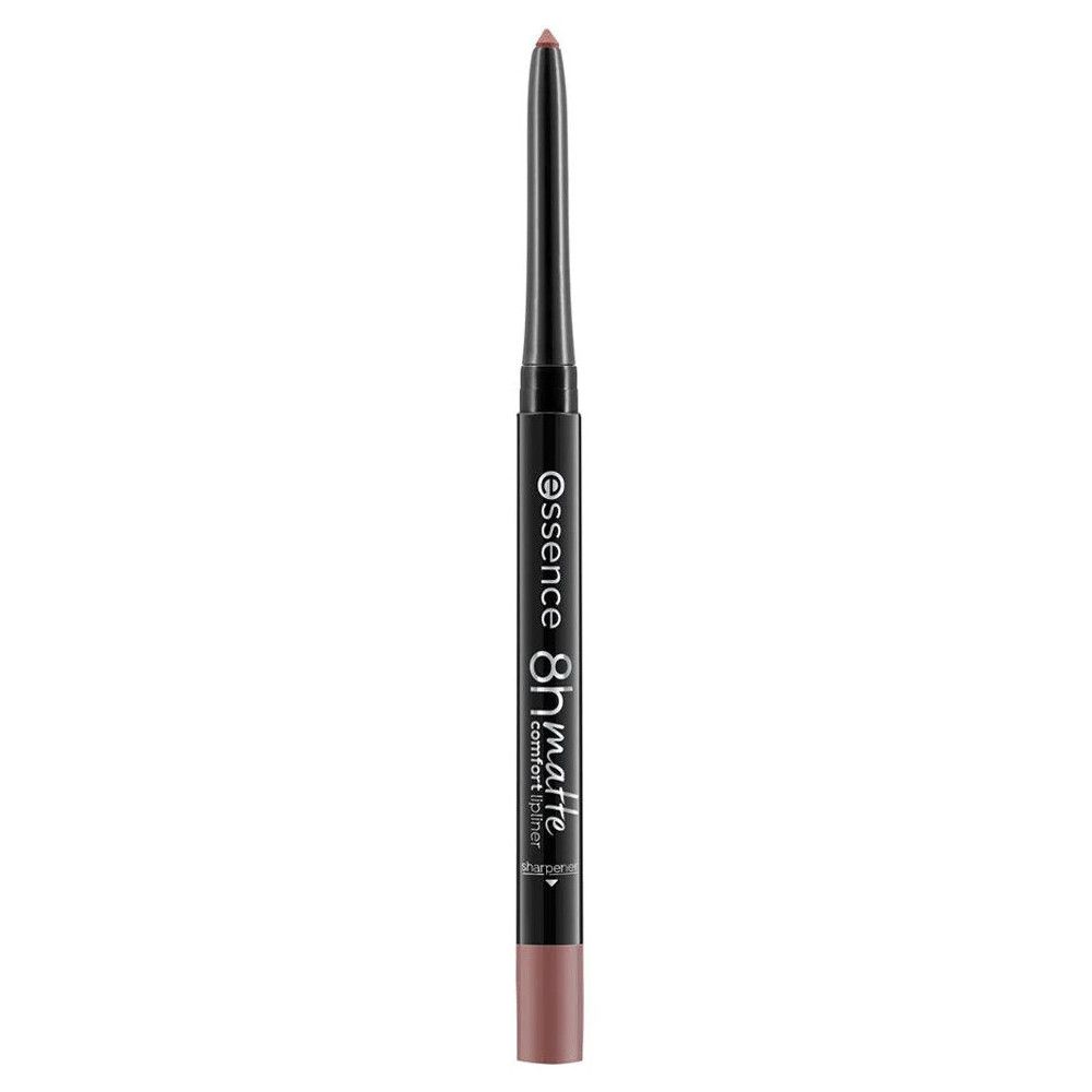 Essence Lippenstiftstift 8H Matte Comfort. Zwarte potlood met bruine lippenstift. Productnaam en kenmerken gedrukt.