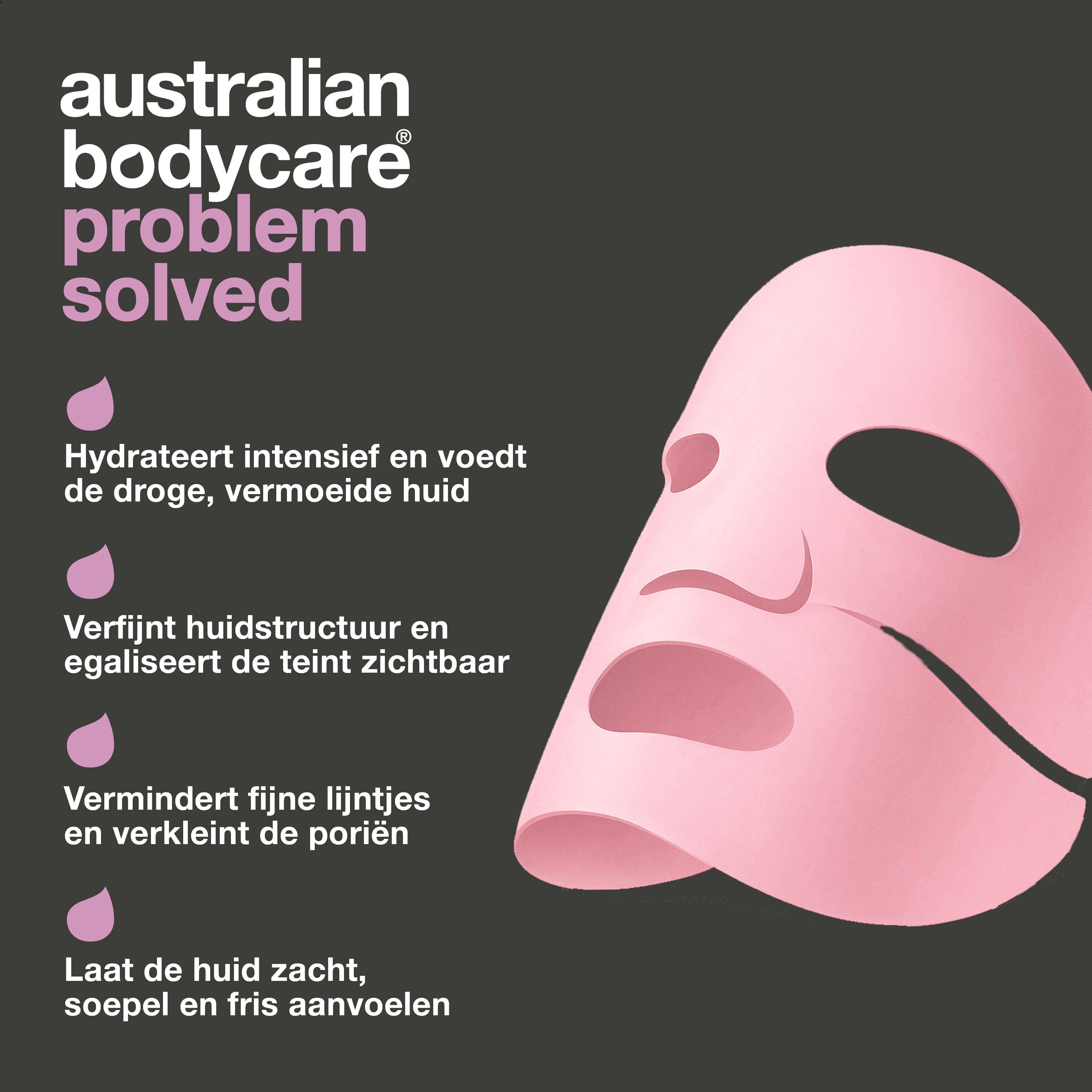 Roze masker. Tekst: Australian Bodycare, Hydrateert intensief en voedt de droge, vermoeide huid, Verfijnt huidstructuur en egaliseert la teint zichtbaar.
