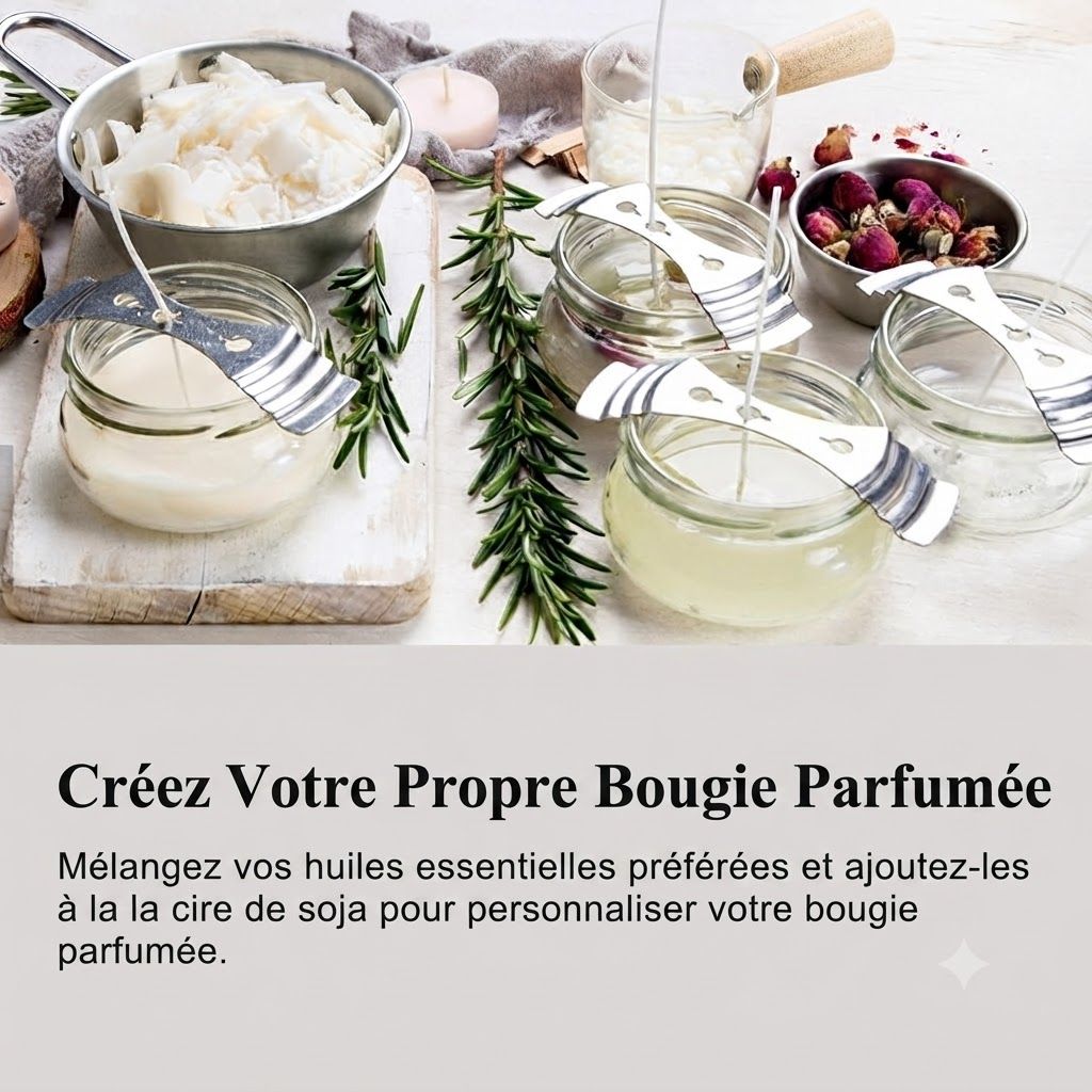 Récipients en verre avec cire de bougie et dispositifs de mèche, à côté d'un bol de flocons de cire et de boutons de rose séchés.