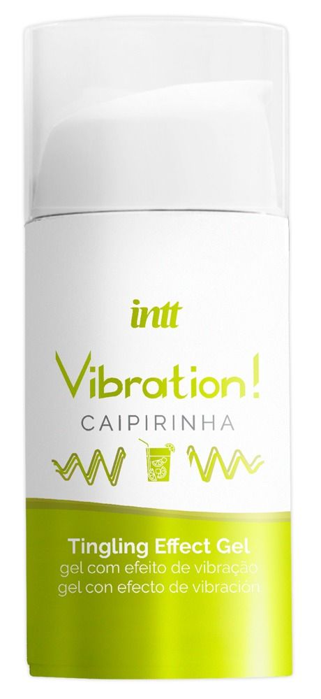 Witte en groene fles met tekst. Opschrift "Vibration! Caipirinha". Tinteling Effect Gel.