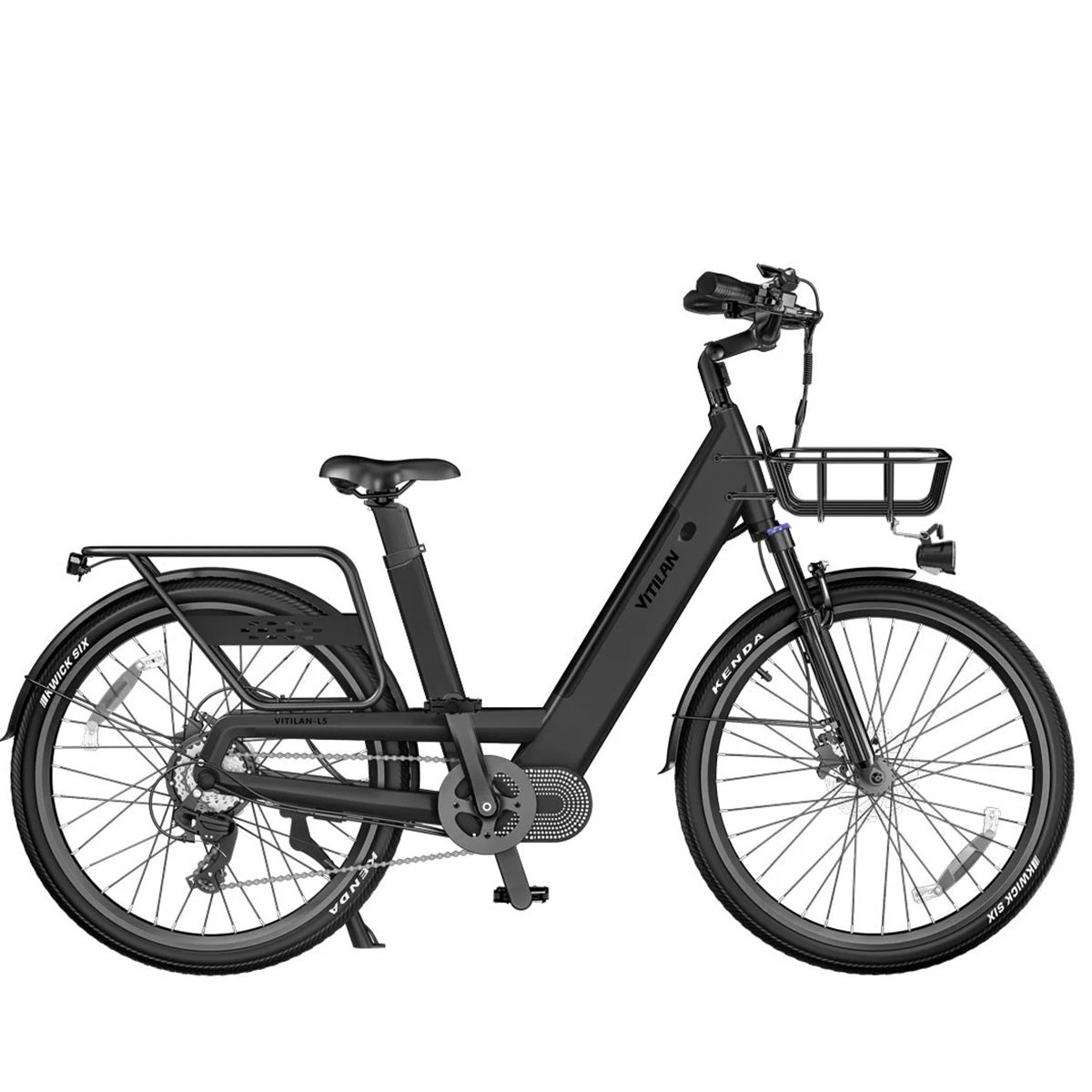 Vélo électrique noir avec pneus Kenda et porte-bagages. Logo Vitilan visible.