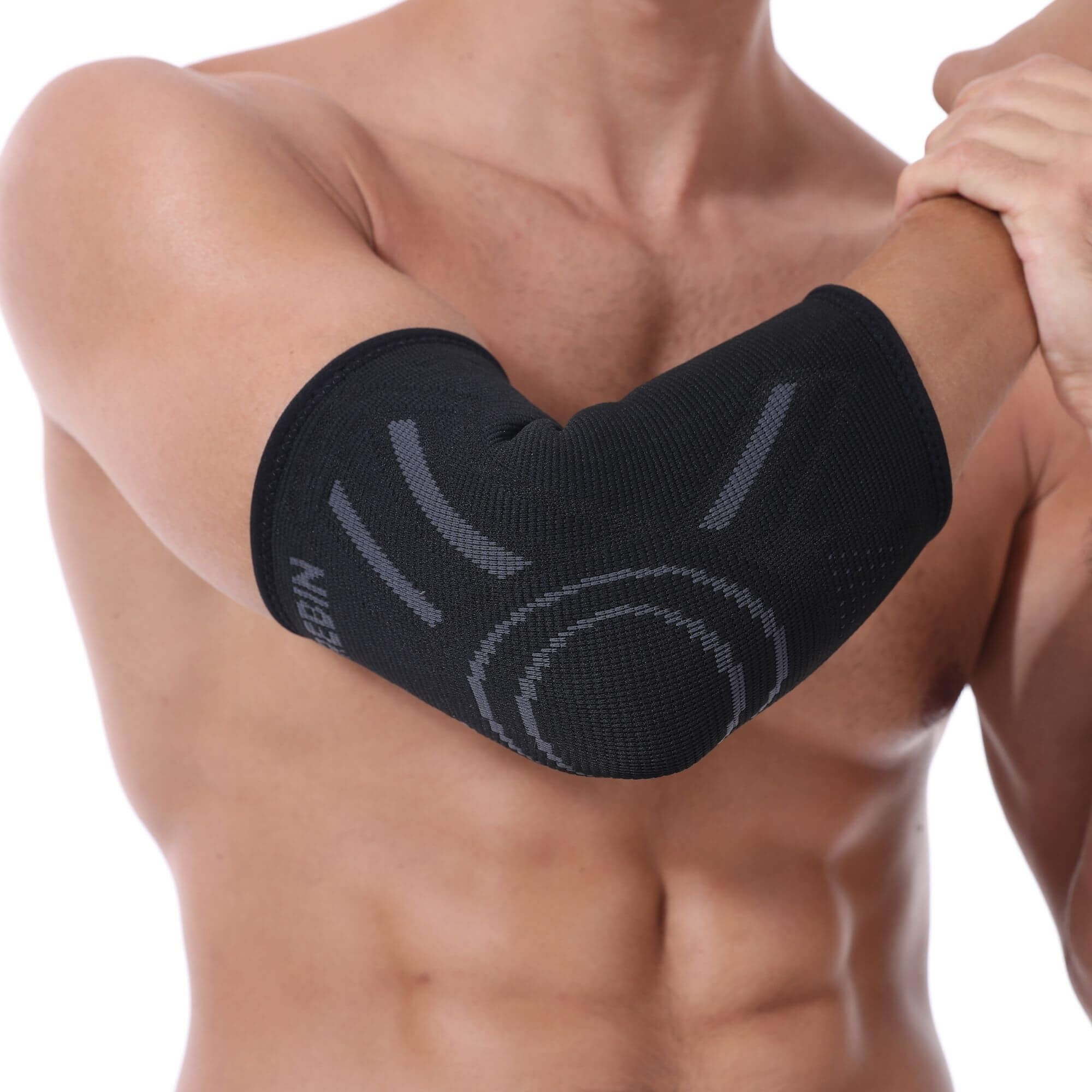 Genouillère noire en tissu avec accents gris, portée par un homme.