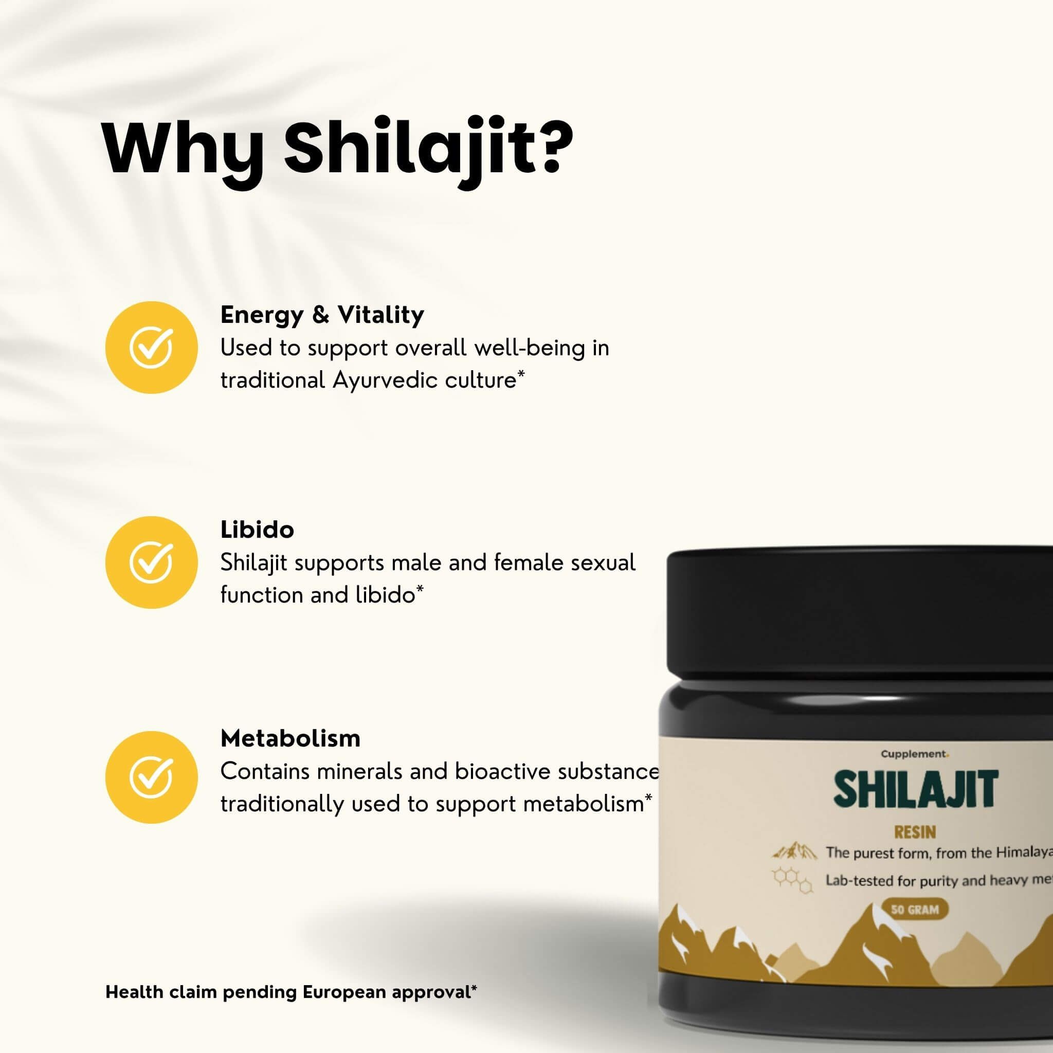Pot de Shilajit. Texte: Pourquoi Shilajit? Énergie & Vitalité, Libido, Métabolisme.