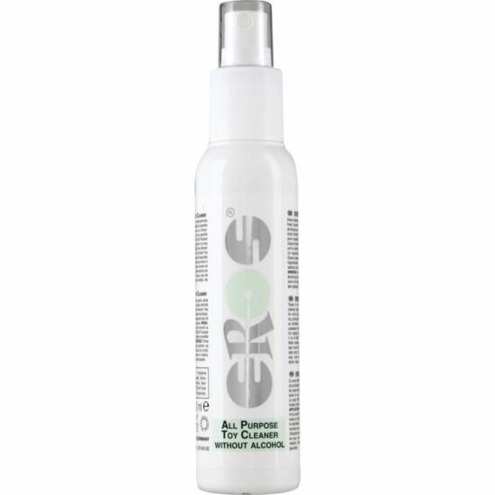 Flacon pulvérisateur blanc avec logo EROS et texte: ALL PURPOSE TOY CLEANER WITHOUT ALCOHOL.