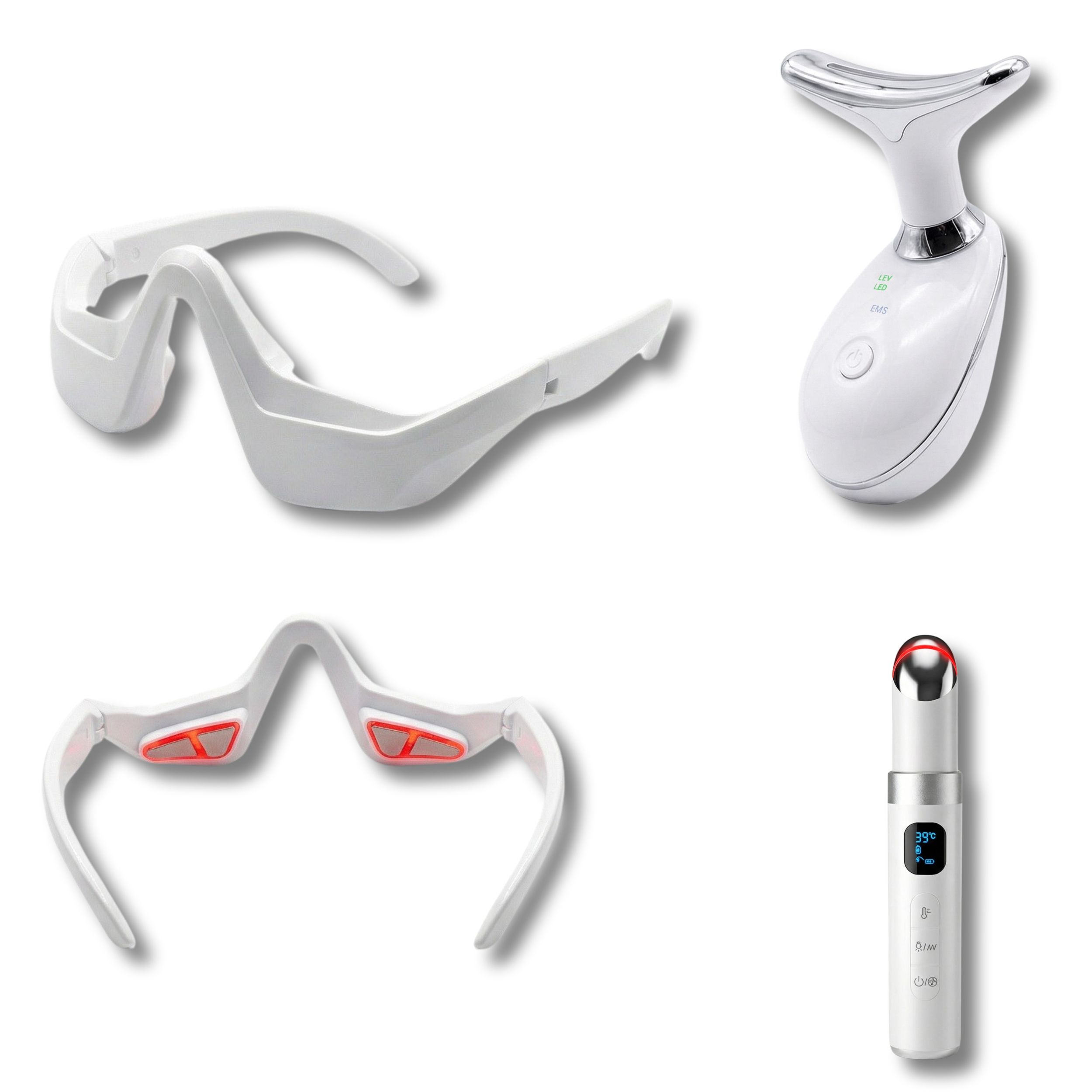 Appareils blancs de traitement facial EMS-LED : masque pour les yeux, raffermisseur cou/visage, stylo pour les yeux.