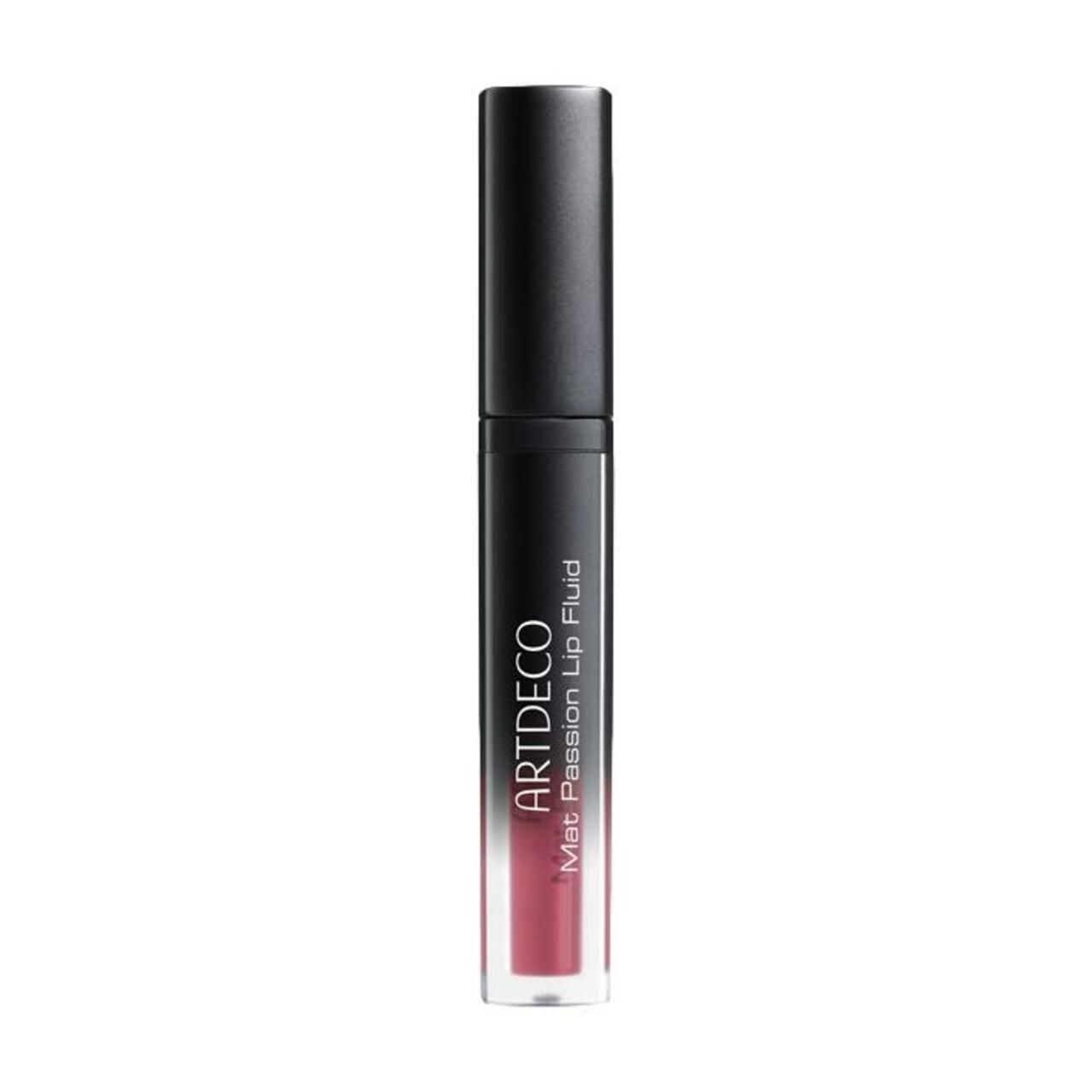 Lipfluid in een cilindrische fles. Zwarte dop, transparante basis. Opschrift: ARTDECO Mat Passion Lip Fluid.