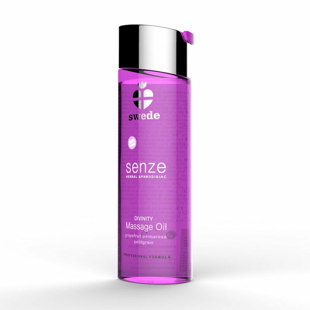 Huile de massage Swede Senze Divinity dans une bouteille violette avec bouchon argenté.