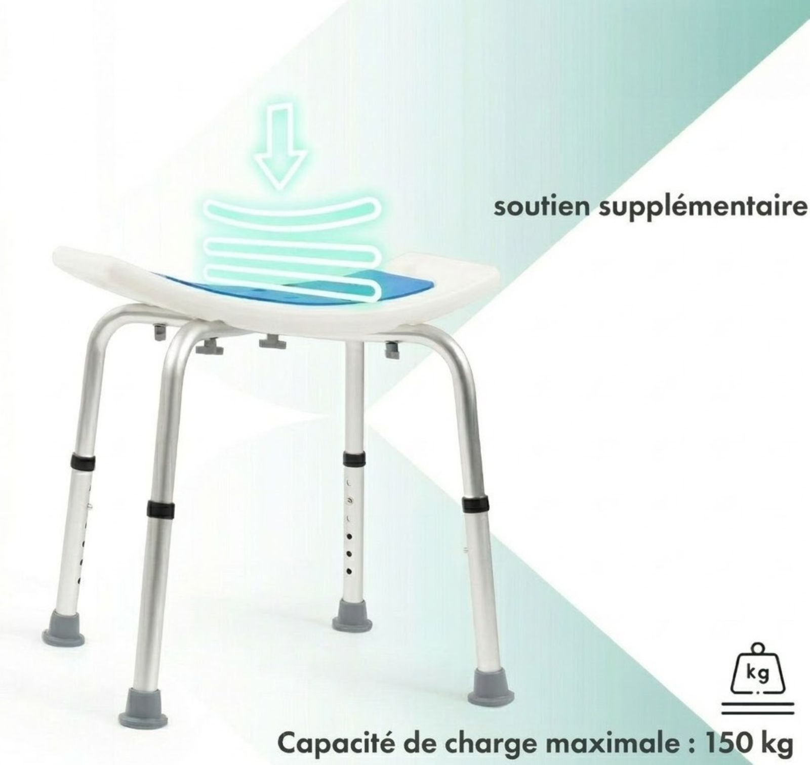 Tabouret de douche avec assise bleue. Capacité de charge maximale: 150 kg.