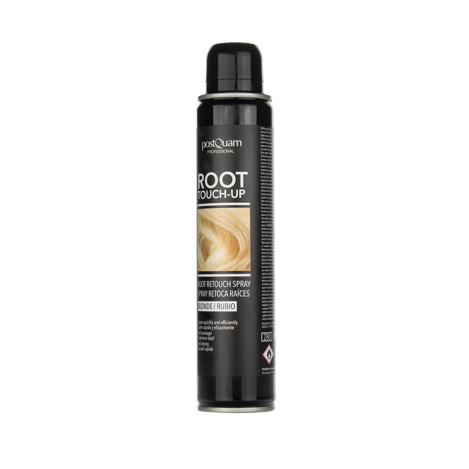 Bombe aérosol noire avec "PostQuam" et "ROOT TOUCH-UP". Échantillon de cheveux blonds. Texte "BLONDE/RUBIO".