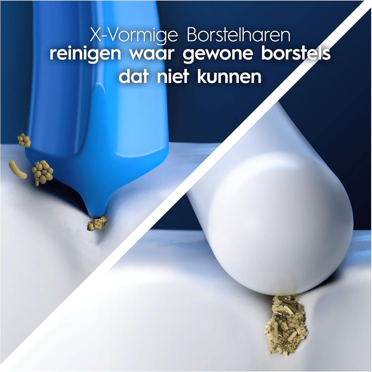 Blauwe en witte tandenborstelkoppen met X-vormige borstels die vuil verwijderen.