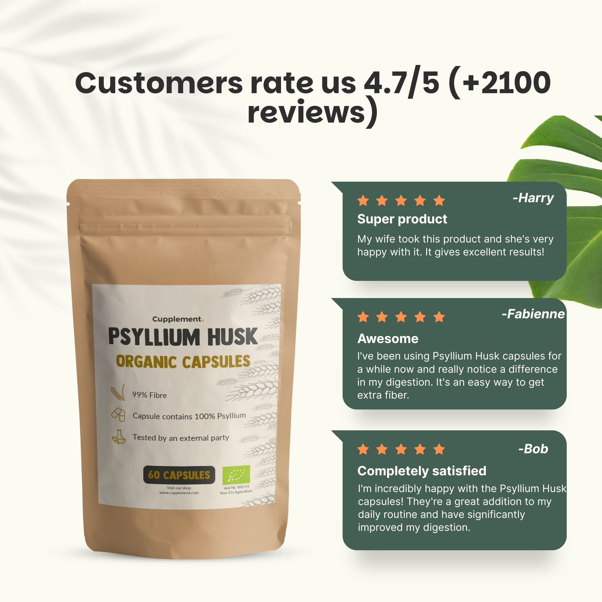 Sachet de gélules de Psyllium Husk. Texte: Organic Capsules, 60 gélules, 99% de fibres.