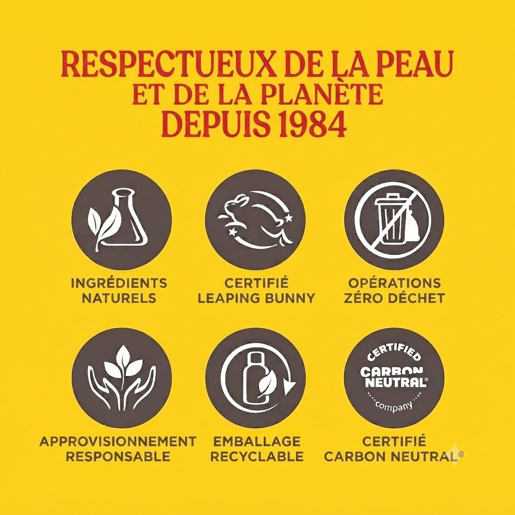 Icônes : ingrédients naturels, certifié Leaping Bunny, zéro déchet, approvisionnement responsable, emballage recyclable, certifié neutre en carbone.