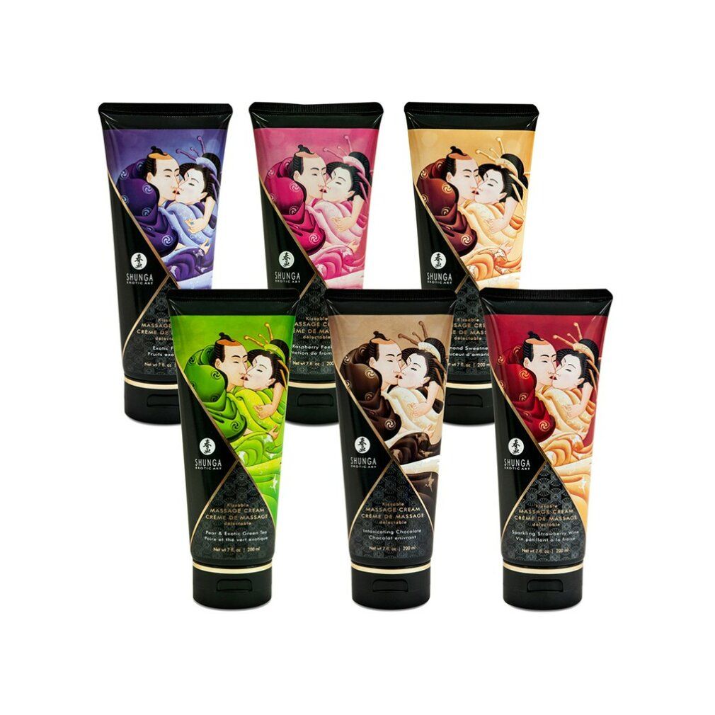 Shunga massagecrème met amandelsmaak, fles met Japanse kunstafbeelding.