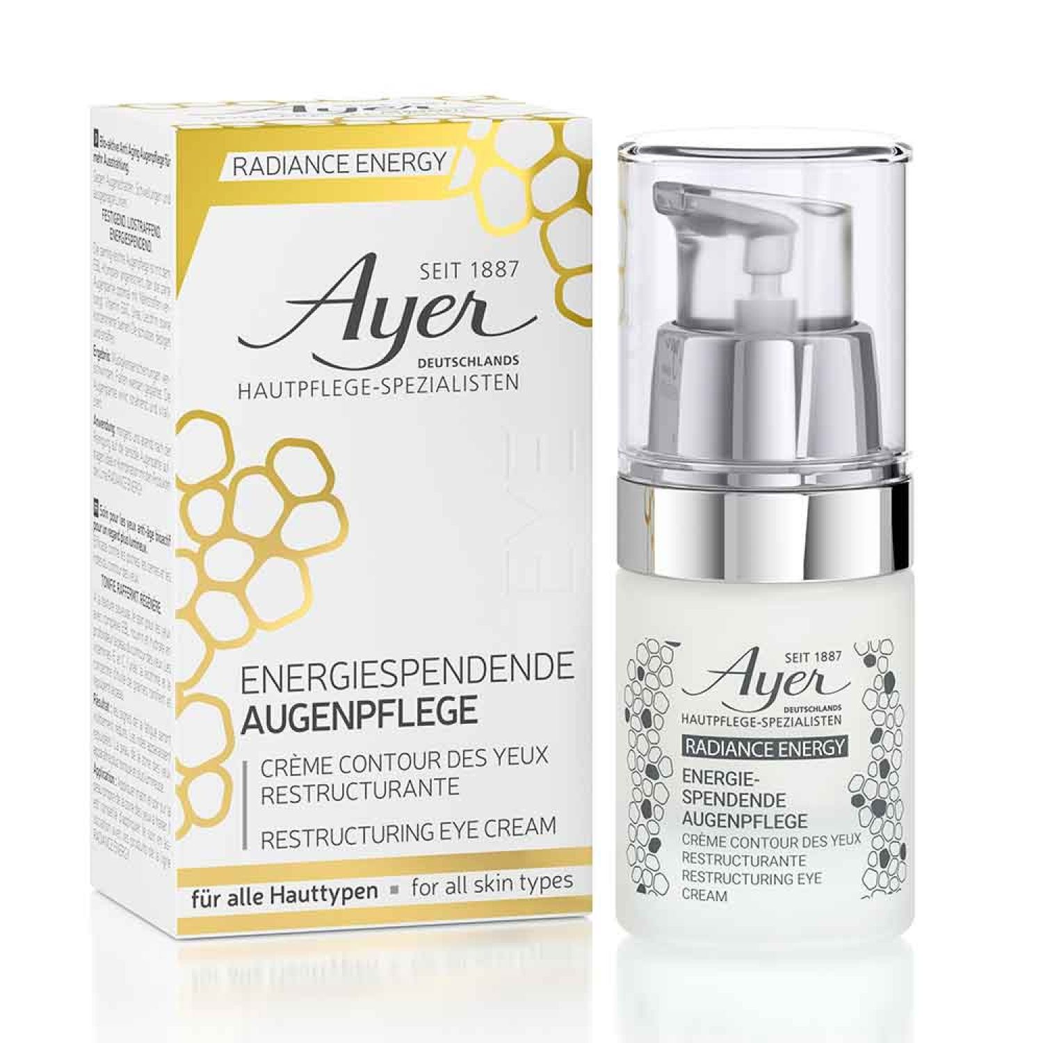 Oogcrème en verpakking. Wit flesje met zilveren pompkop. Opschrift: Ayer, Radiance Energy, Energiespendende Augenpflege.