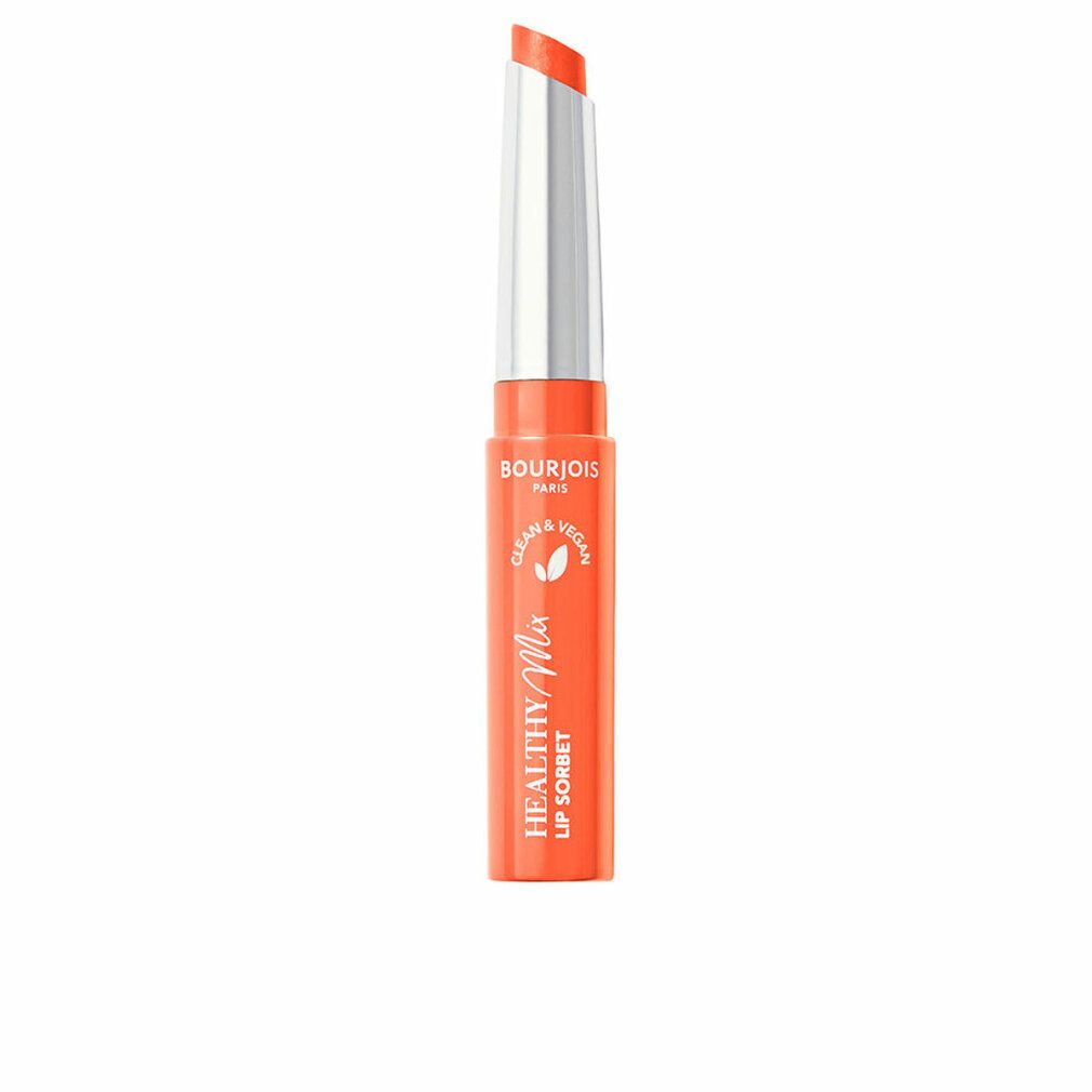 Bourjois Healthy Mix Lip Sorbet, tube orange avec applicateur argenté. Texte: Healthy Mix Lip Sorbet. Logo vegan.
