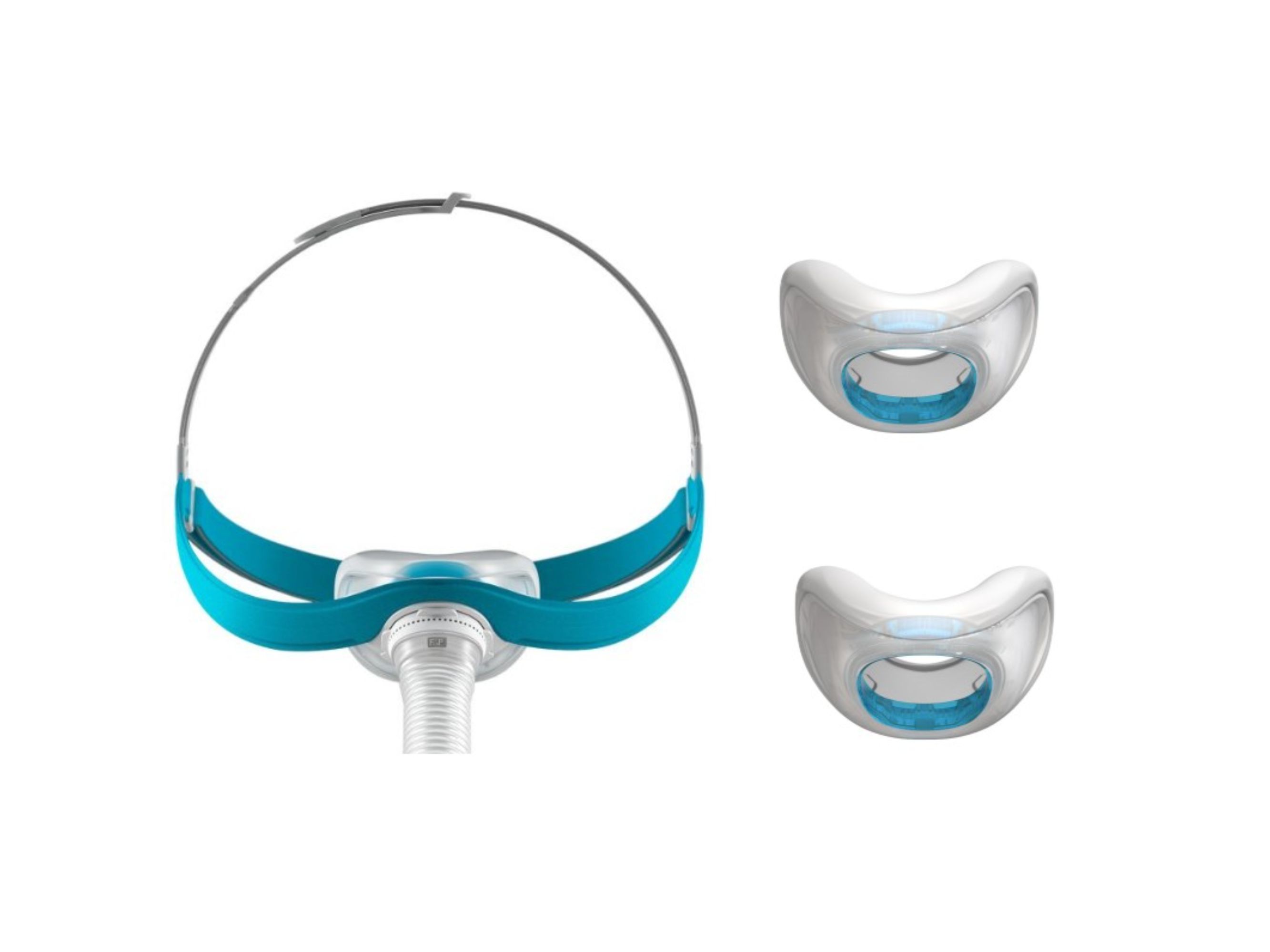 Masque nasal avec bandeau bleu et deux coussins nasaux. Éléments gris et bleus. Fond blanc.
