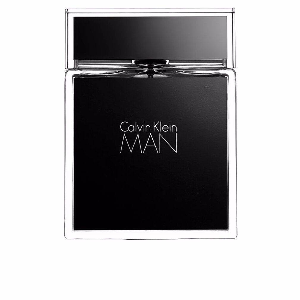 Calvin Klein MAN fles, rechthoekig, transparant met zwarte voorkant. Opschrift MAN en Calvin Klein. Transparante dop.