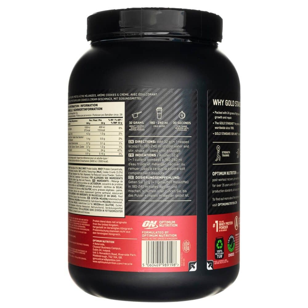 Arrière d'un pot Optimum Nutrition Gold Standard 100% Whey. Contient des informations nutritionnelles et des instructions.