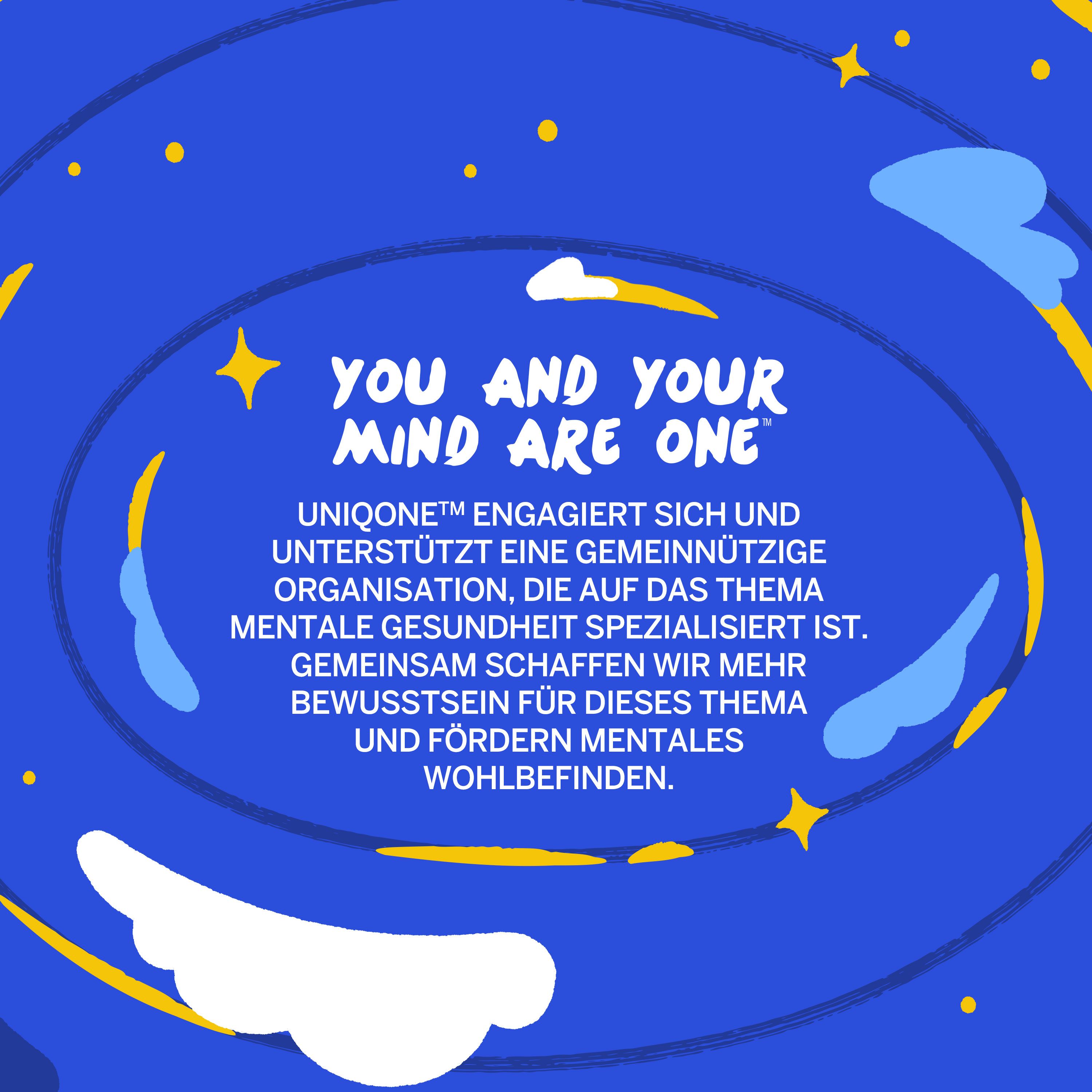 Fond bleu avec texte : You and your mind are one. UniqOne soutient une organisation pour la santé mentale.