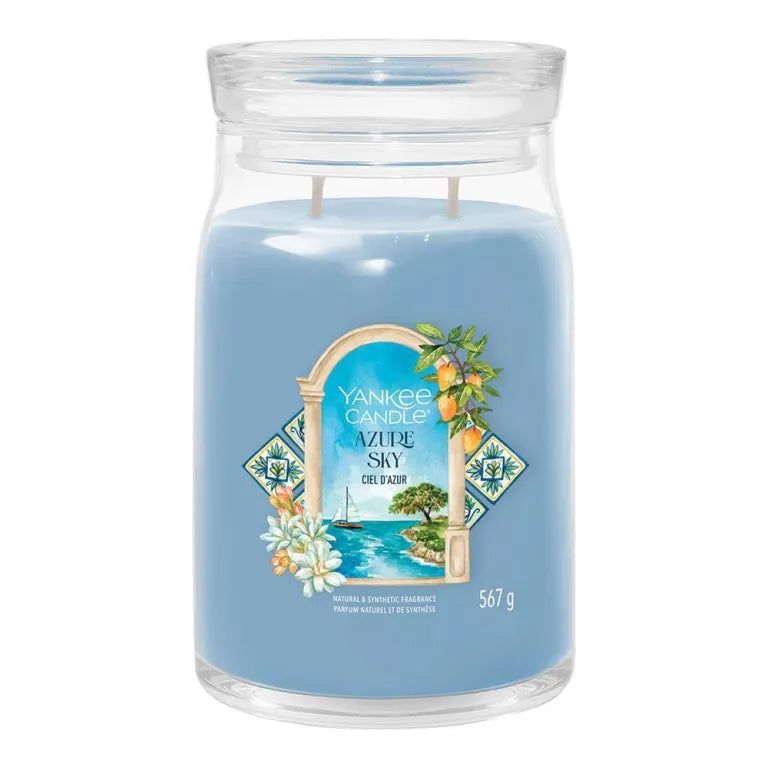 Yankee Candle Azur Sky Signature Grand Pot met deksel. Opschrift op etiket. 567 g. Twee lonten.