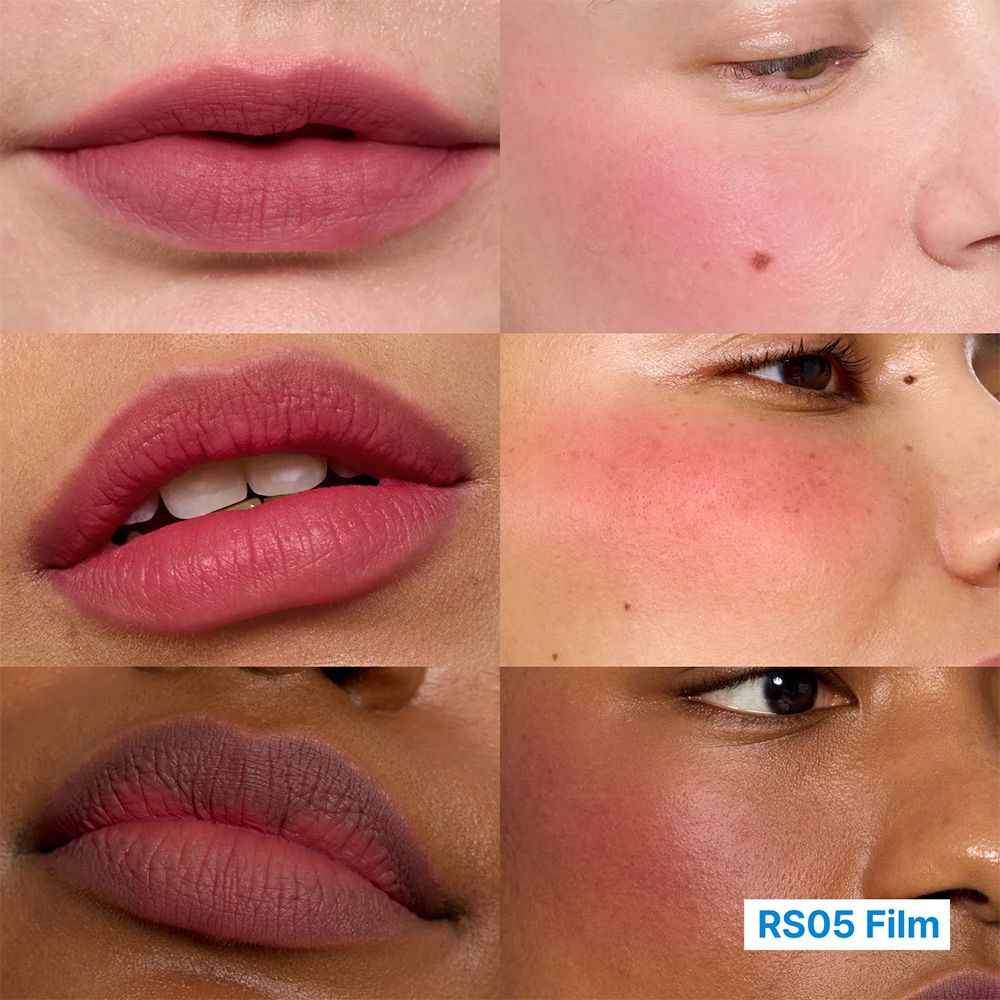 Lippen en wangen in Rosy Mauve op verschillende huidtinten.