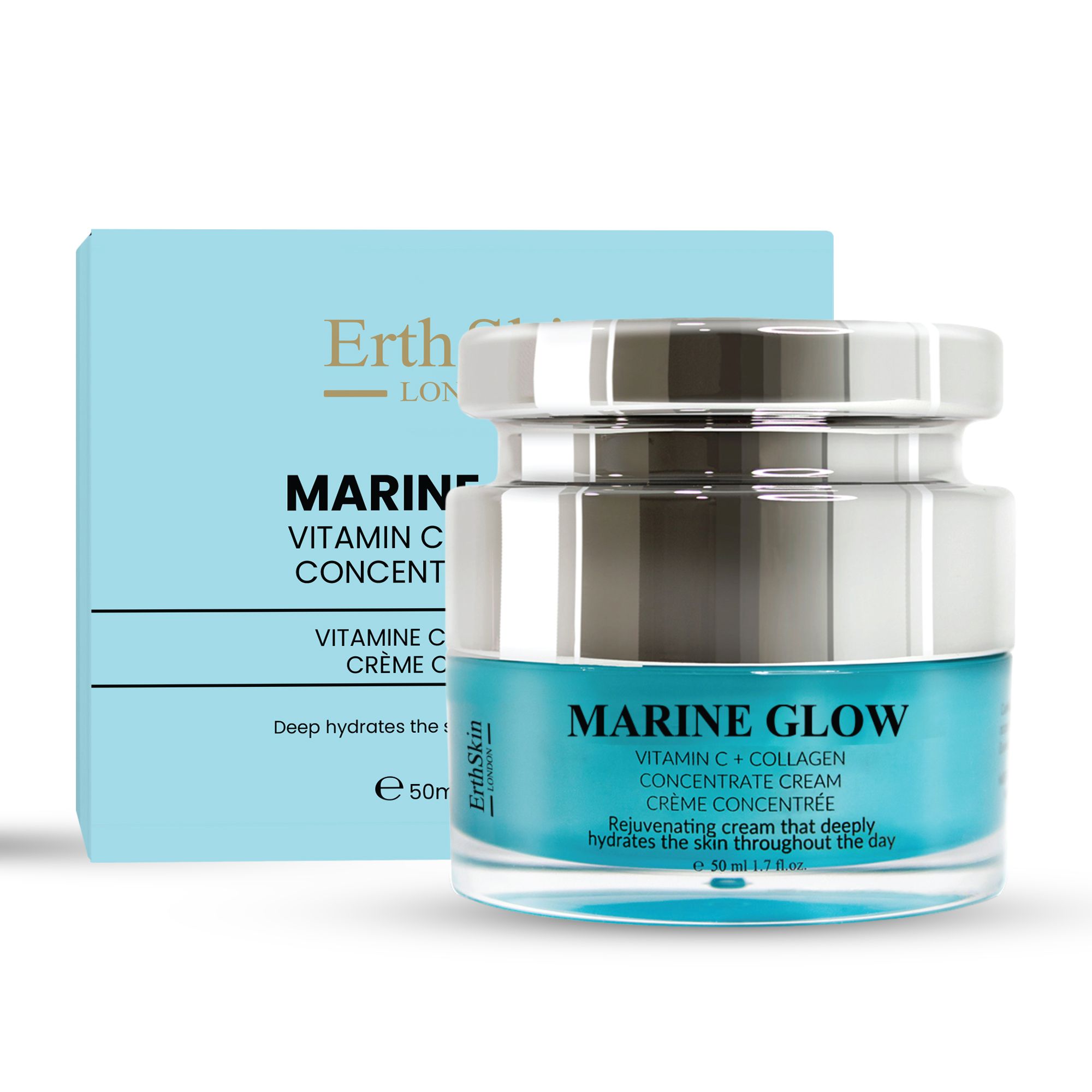 Glazen pot en doos. Opschrift: Marine Glow Vitamin C + Collagen Concentrate Cream. Turquoise design.
