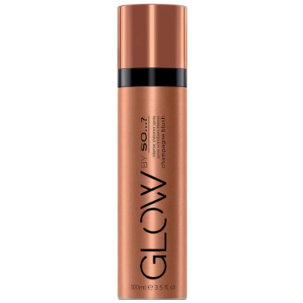 Vaporisateur Champagne Blush. Inscription: GLOW BY SO...? Intense Shimmer Spray.