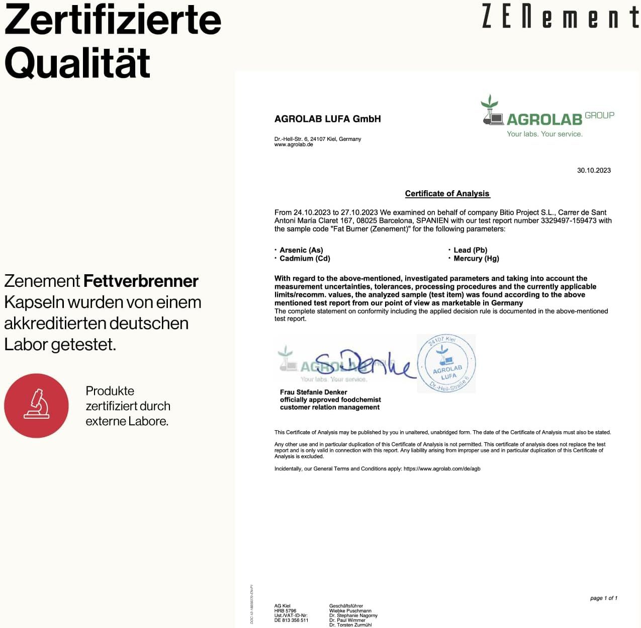 Certificeringscertificaat van Agrolab LUFA GmbH. Bevestigt de kwaliteit van Zenement Fettverbrenner capsules.