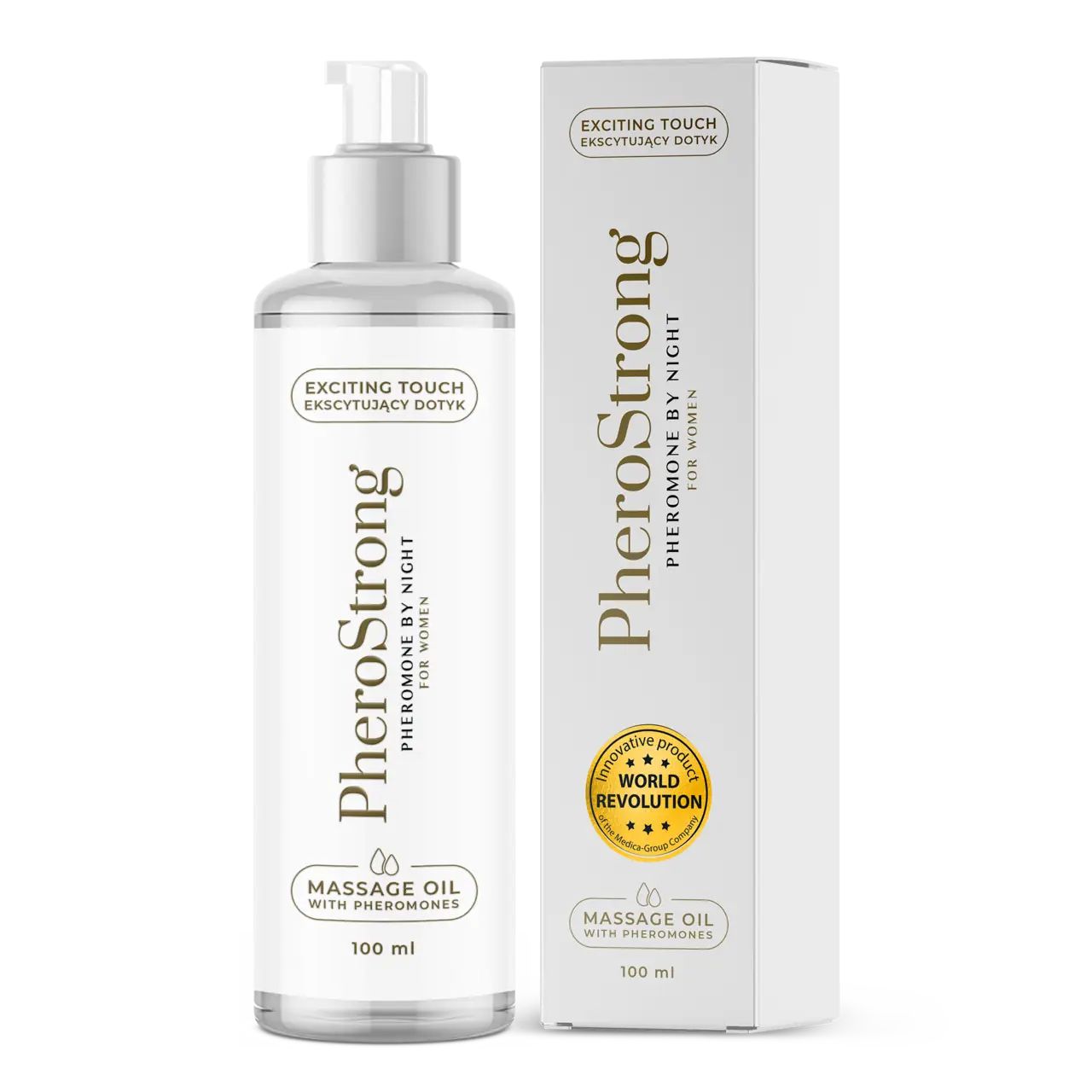PheroStrong massageolie fles met pompdos en verpakking, 100ml.
