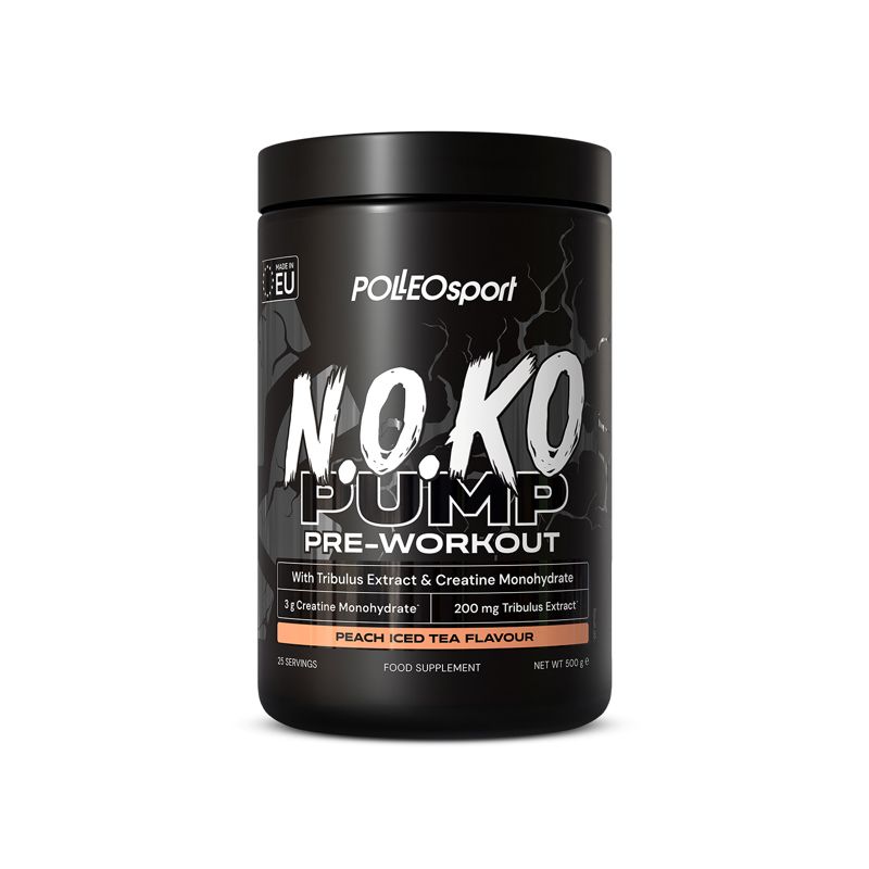 Zwarte pot met opschrift N.O.KO PUMP PRE-WORKOUT. Bevat tribulus extract en creatine monohydraat. Perzik ijsthee smaak.