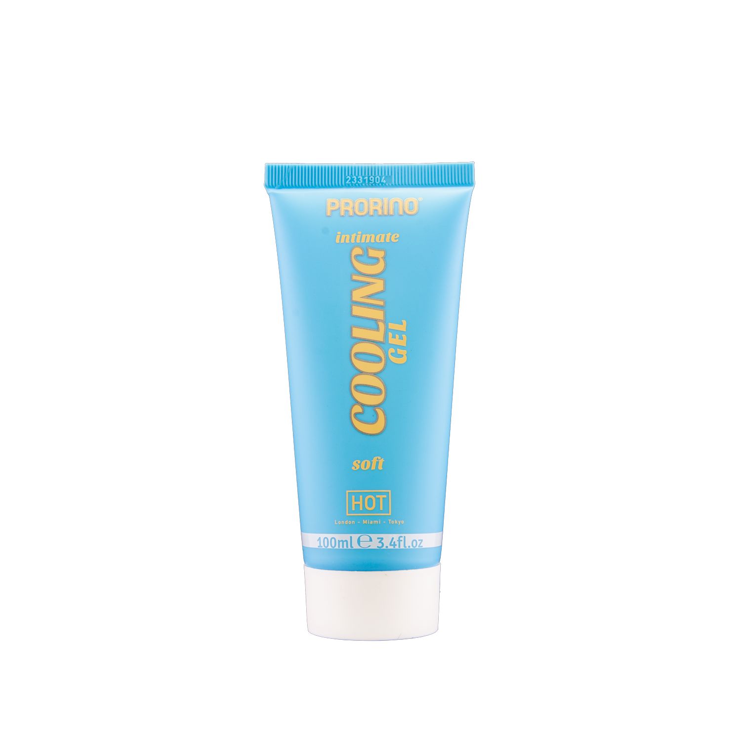 Tube bleu clair. Inscription : PRORINO intimate COOLING GEL soft. Mention : HOT. 100ml.