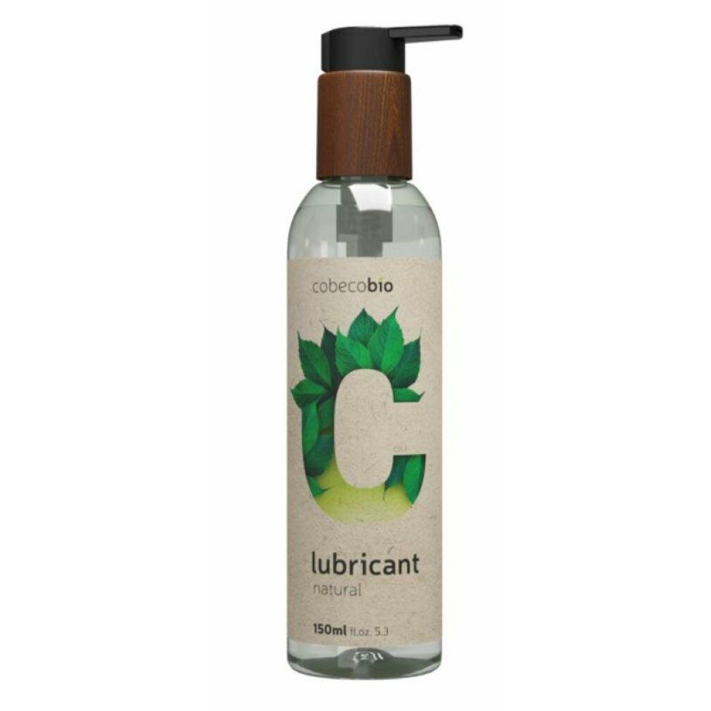 Flacon de lubrifiant Cobeco Bio avec pompe et accents aspect bois. Lubrifiant naturel.